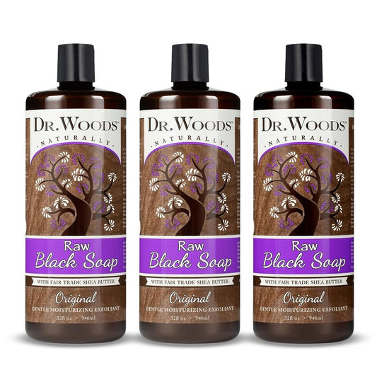 Dr. Woods Raw African Liquid Black Soap - Organic Shea Butter Body Wash | Gentle Exfoliant for Face & Body - 32 Fl Oz, Pack of 3