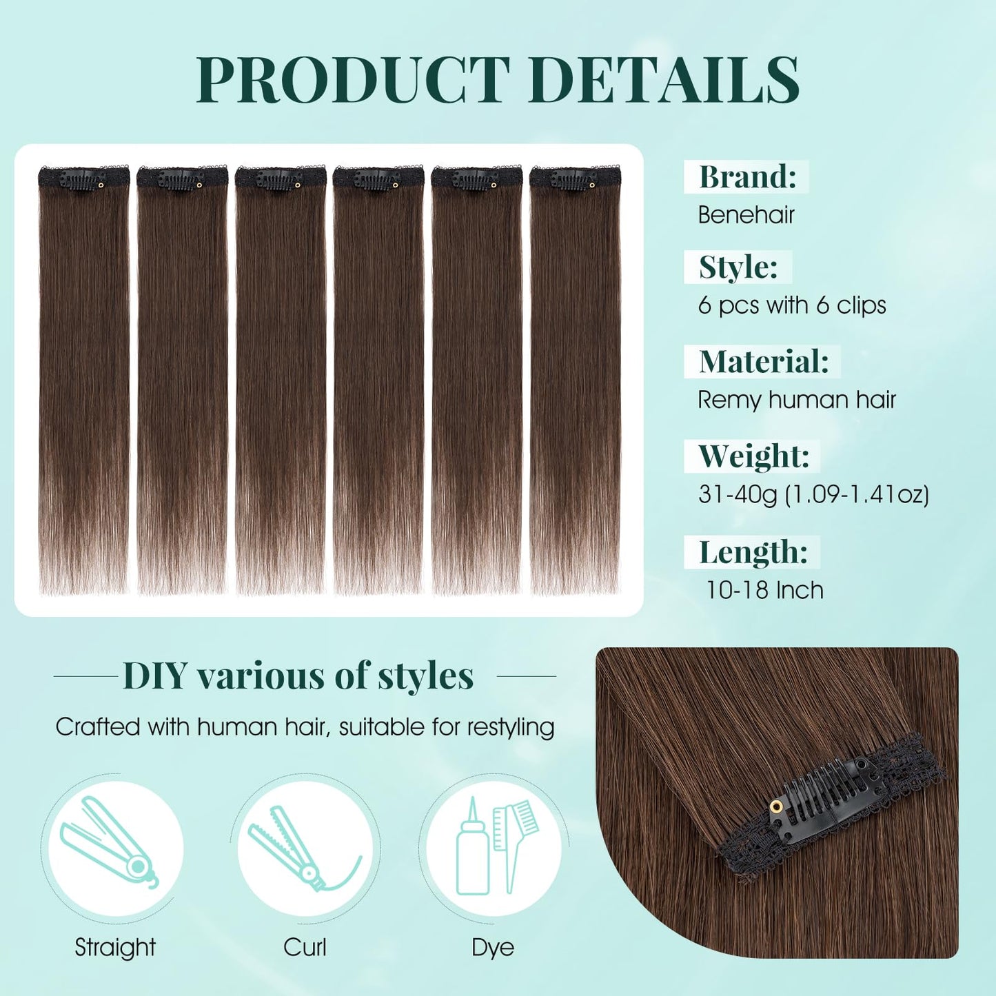 Benehair 6 PCS Clip in Short Hair Extensions 100% Real Human Hair Seamless & Invisible for Women Instant Volume Highlight Length for Daily Use 12" Dark Brown