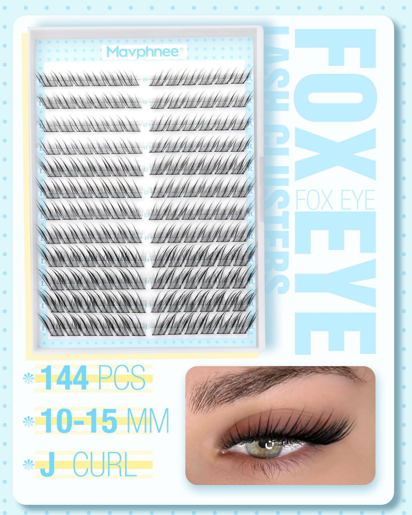 Fox Eye Lash Clusters J-Curly Individuals Eyelash Extension Wet Look Fairy Lash Spikes Cat Eye Lash Extensions Pre-Mapped Natural Eyelash Clusters 144 Pcs 10-15MM Wispy Cluster Lashs