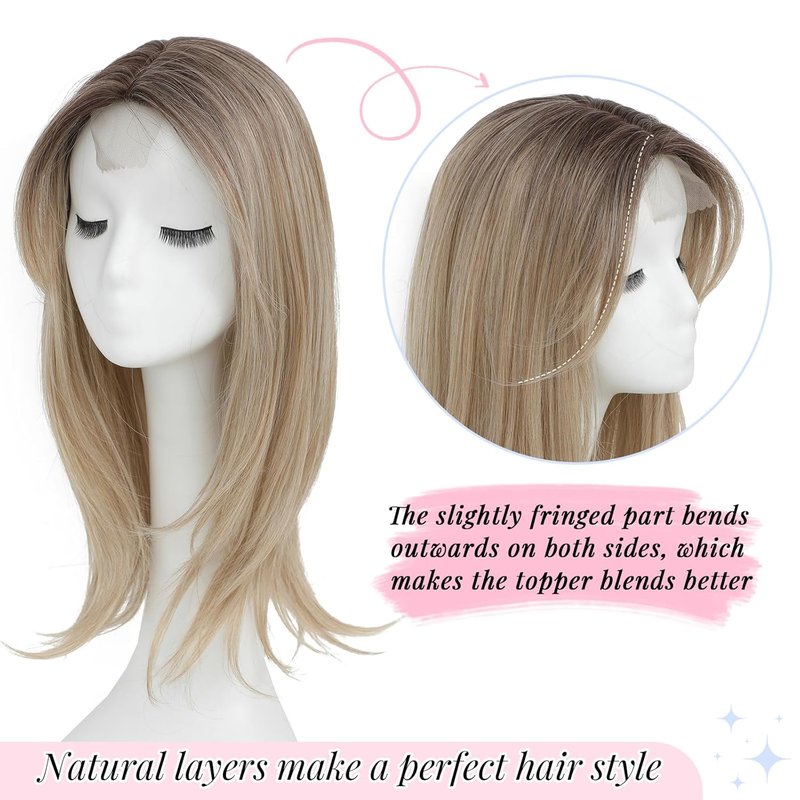 Molefi Hair Toppers for Women - 18" Long Layered Synthetic Wiglets | Volume Boosting, Large Base 6.5"x6.5" (Mix Blonde/Dark Root)