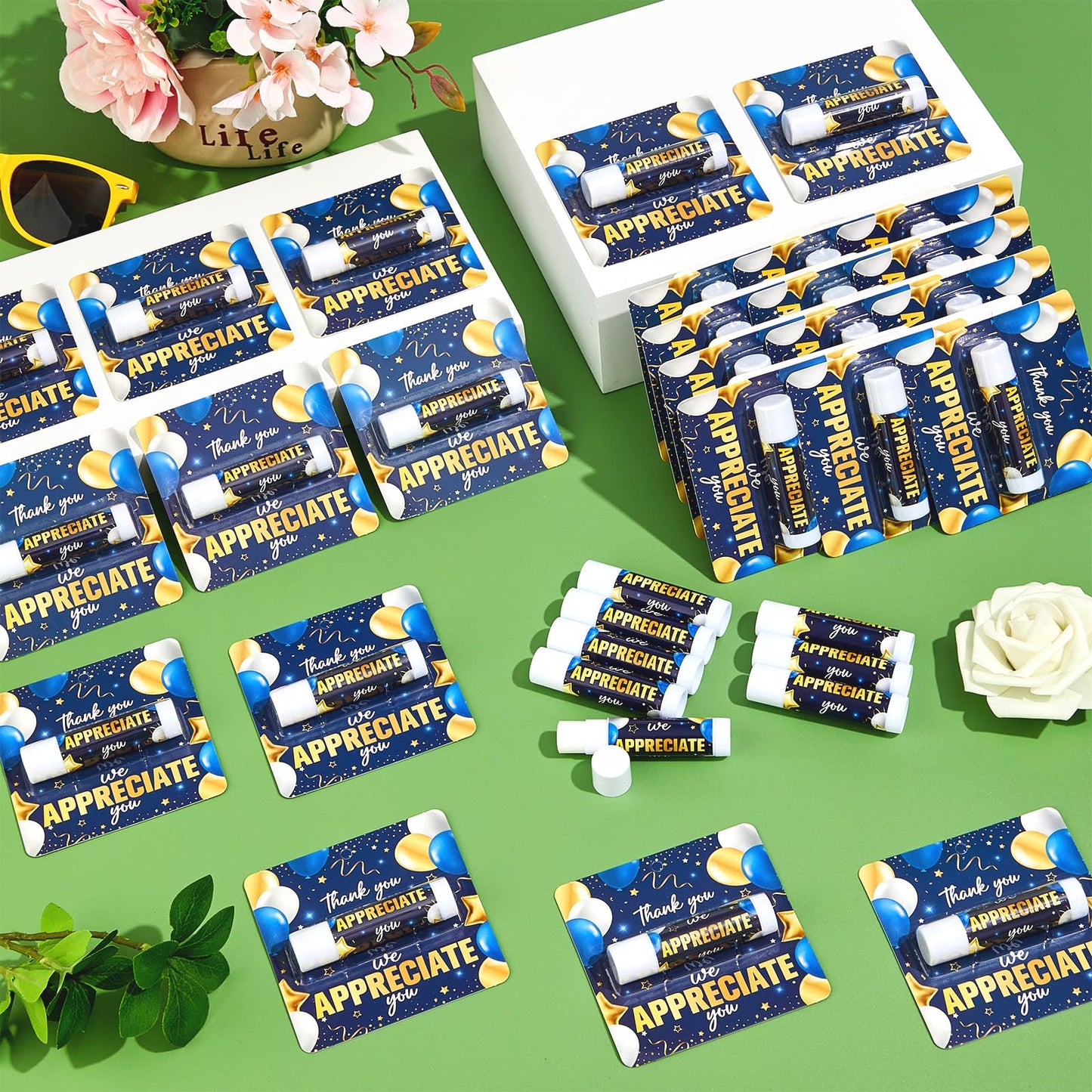 50 Pack Thank You Lip Balm Gifts Bulk, Blue Gold Graduation Lip Balm Gift, Appreciation Party Favor for Teacher Classmate Coworker Employee We Appreciate You Retirement Party Supplies
