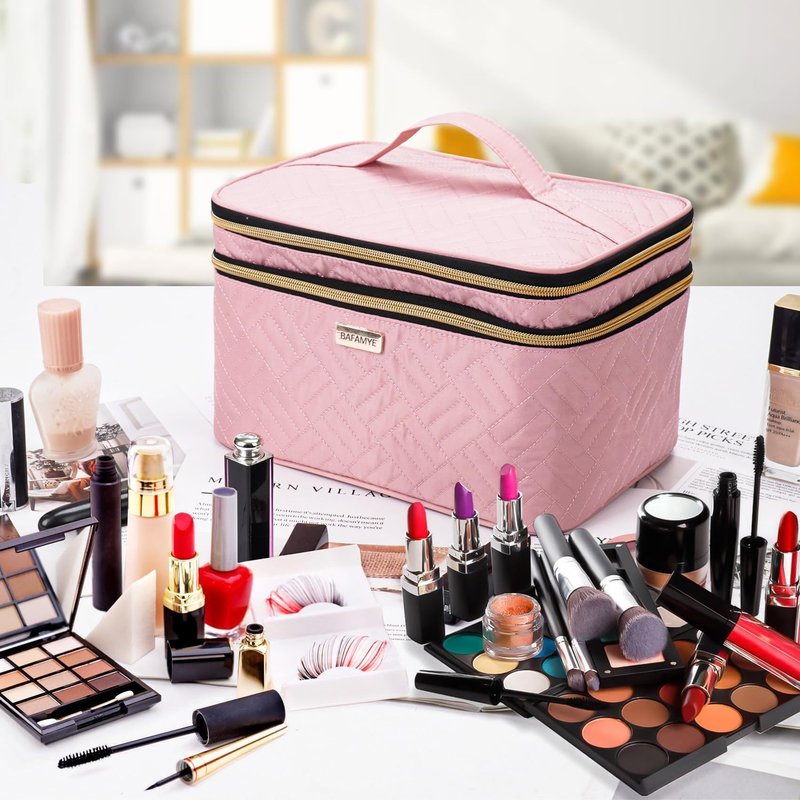 BAFAMYE 8.8L Double Layer Travel Makeup Bag With Mirror For Women, Large Cosmetic Case, Organizer for Travel-Size Accessories Bottles, Brushes,and Skin Care Products, 2.33 GAL, Pink