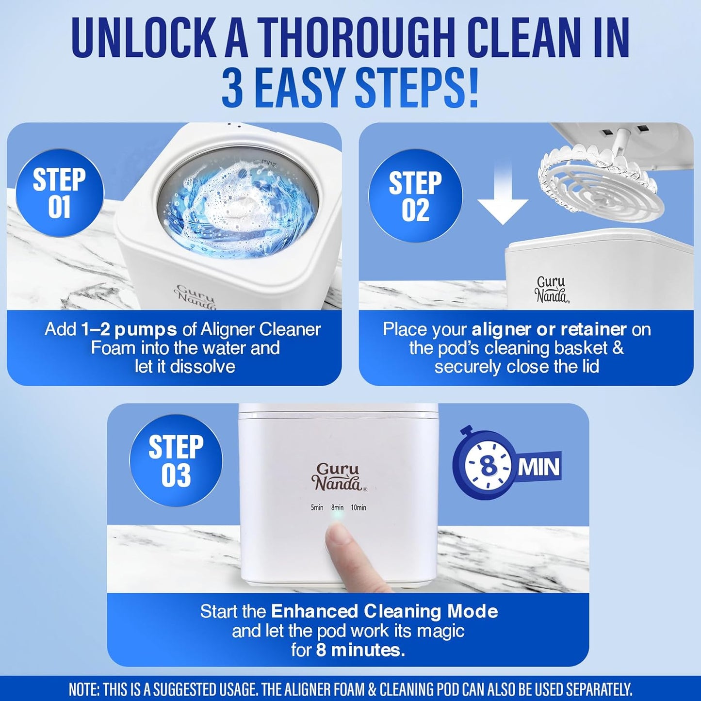 GuruNanda Retainer Cleaner Set - Ultrasonic & UV Cleaning Pod with Foam | Deep Clean for Aligners & Dentures