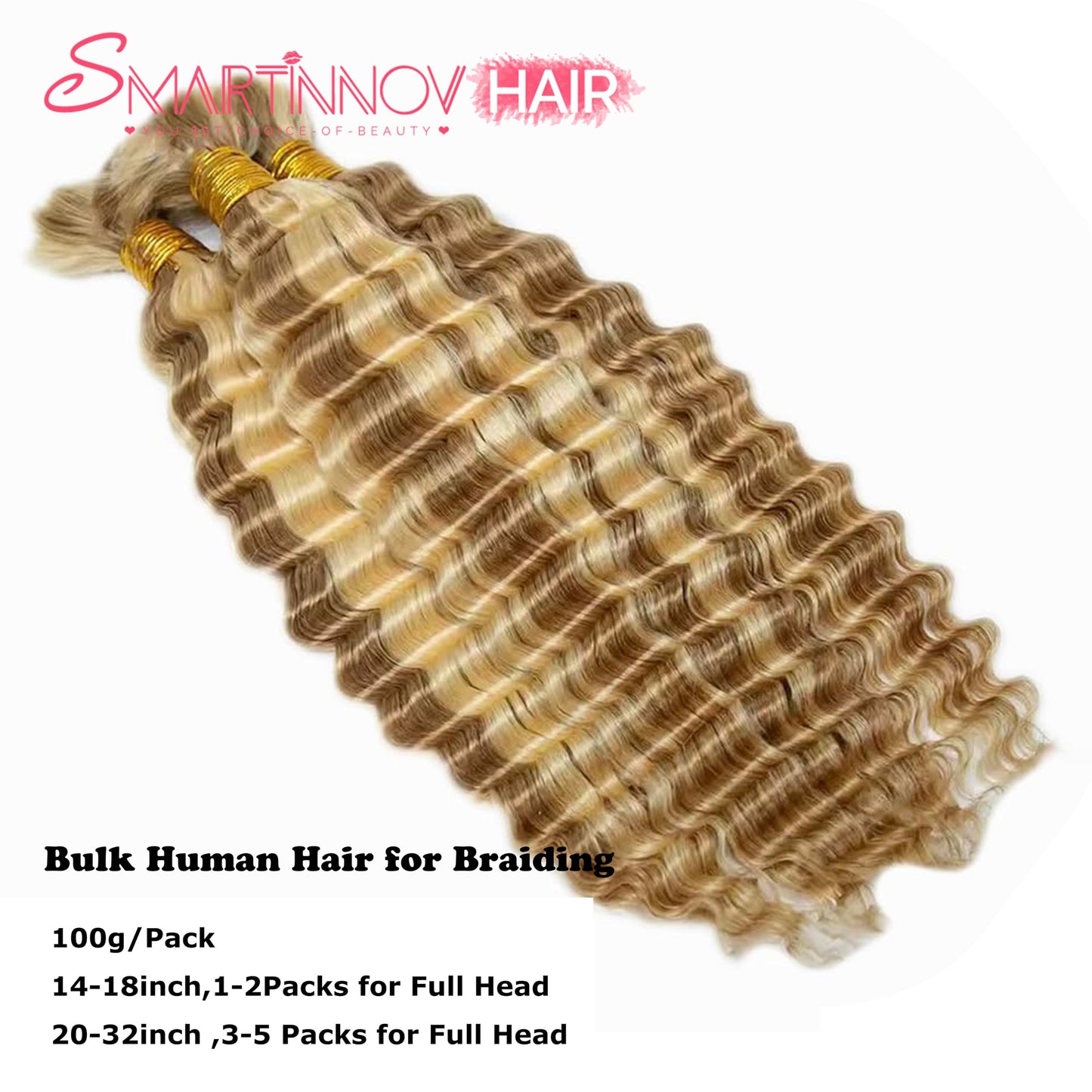 Ombre 27/613 Blonde Human Braiding Hair 18 Inch Water Wave Bulk Human Hair 100g Deep Curly Honey Blonde to Bleached Blonde Highlight Human Hair Extensions for Boho Braids Hair No Weft for Women
