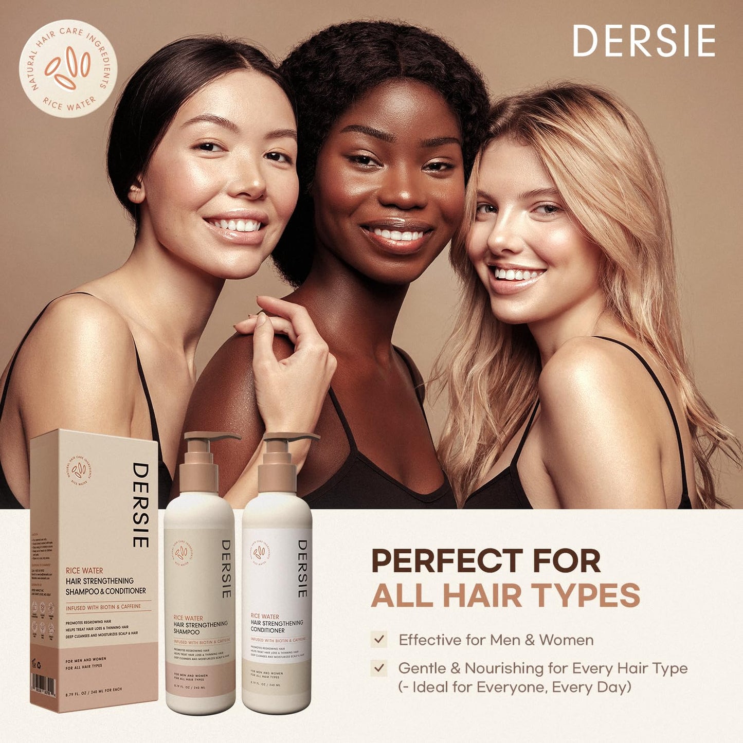 Rice Water Hair Growth Shampoo & Conditioner - Biotin & Caffeine Infused for Thinning Hair | Nourishing Formula
