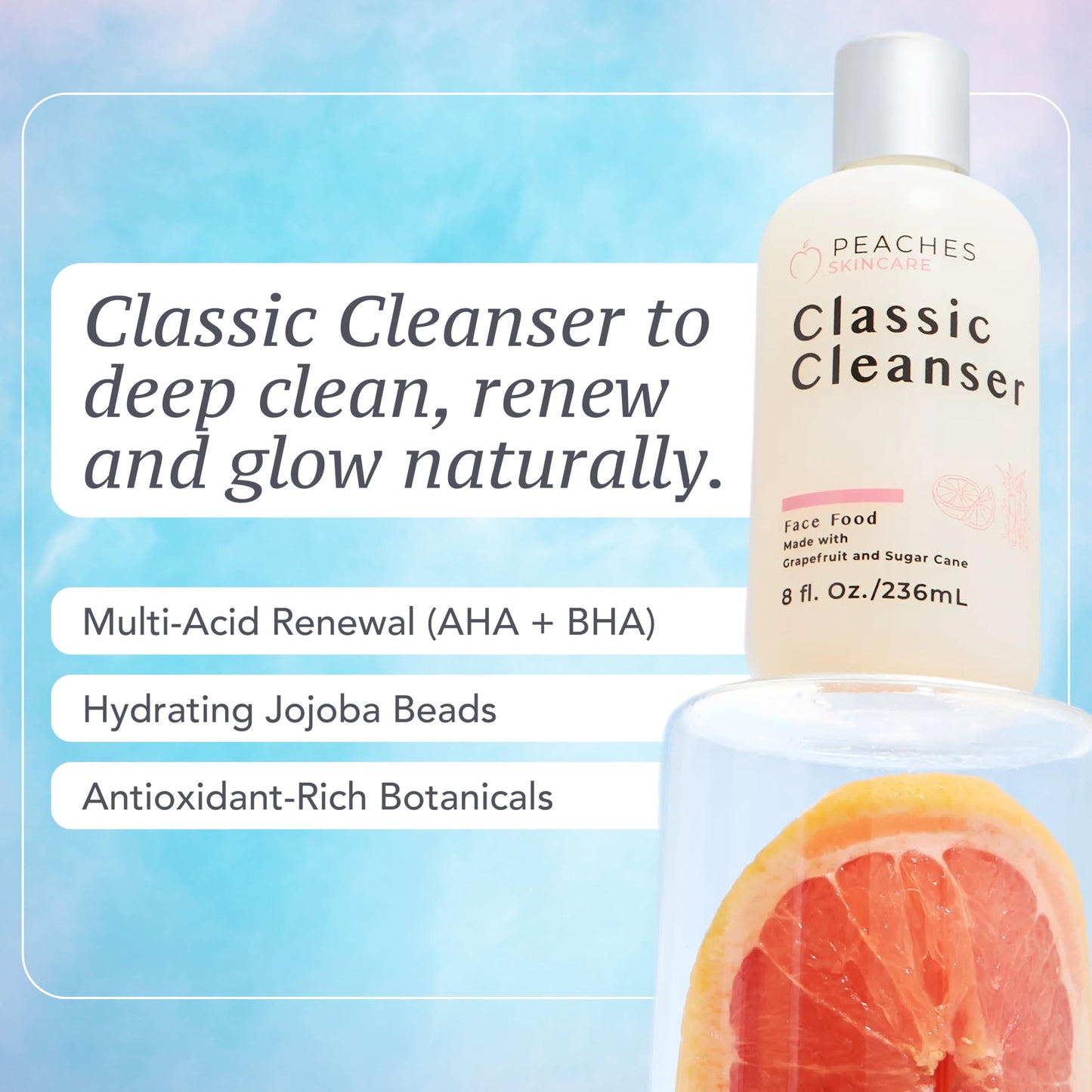 Peaches Skincare Hydrating Facial Cleanser – Vegan Face Wash with Grapefruit, Sugar Cane, and Gotu Kola – Lightly Exfoliating Daily Formula for All Skin Types – Classic Cleanser – 8 oz