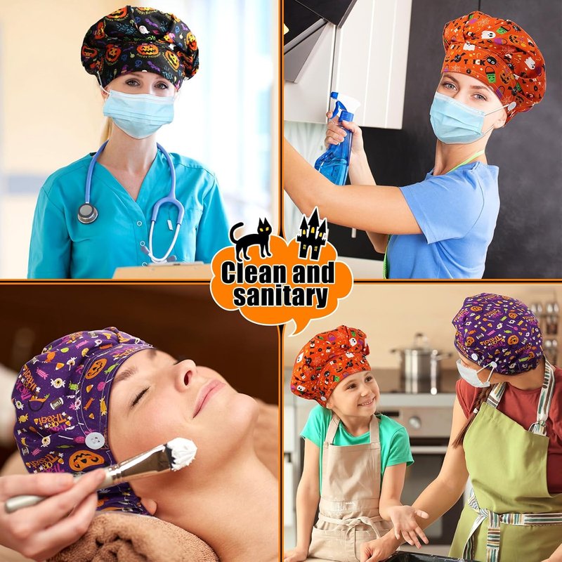 Jadive 6 Pcs Adjustable Scrub Caps with Buttons | Surgical Hats for Men & Women with Sweatband