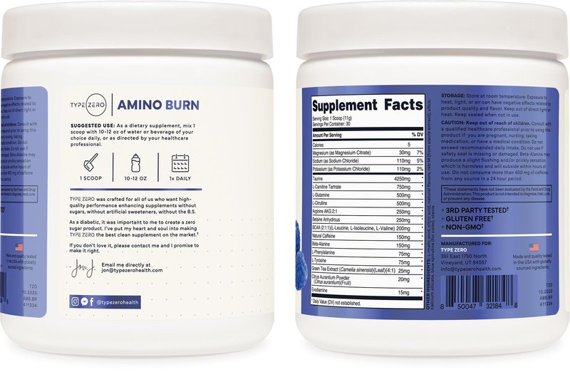Type Zero Amino Burn - Vegan BCAA + Clean Pre Workout Powder with Arginine AKG, L-Citrulline & Beta Alanine - Amino Acid Clean Energy, Endurance & Hydration Supplement - Blue Raspberry, 30 Servings