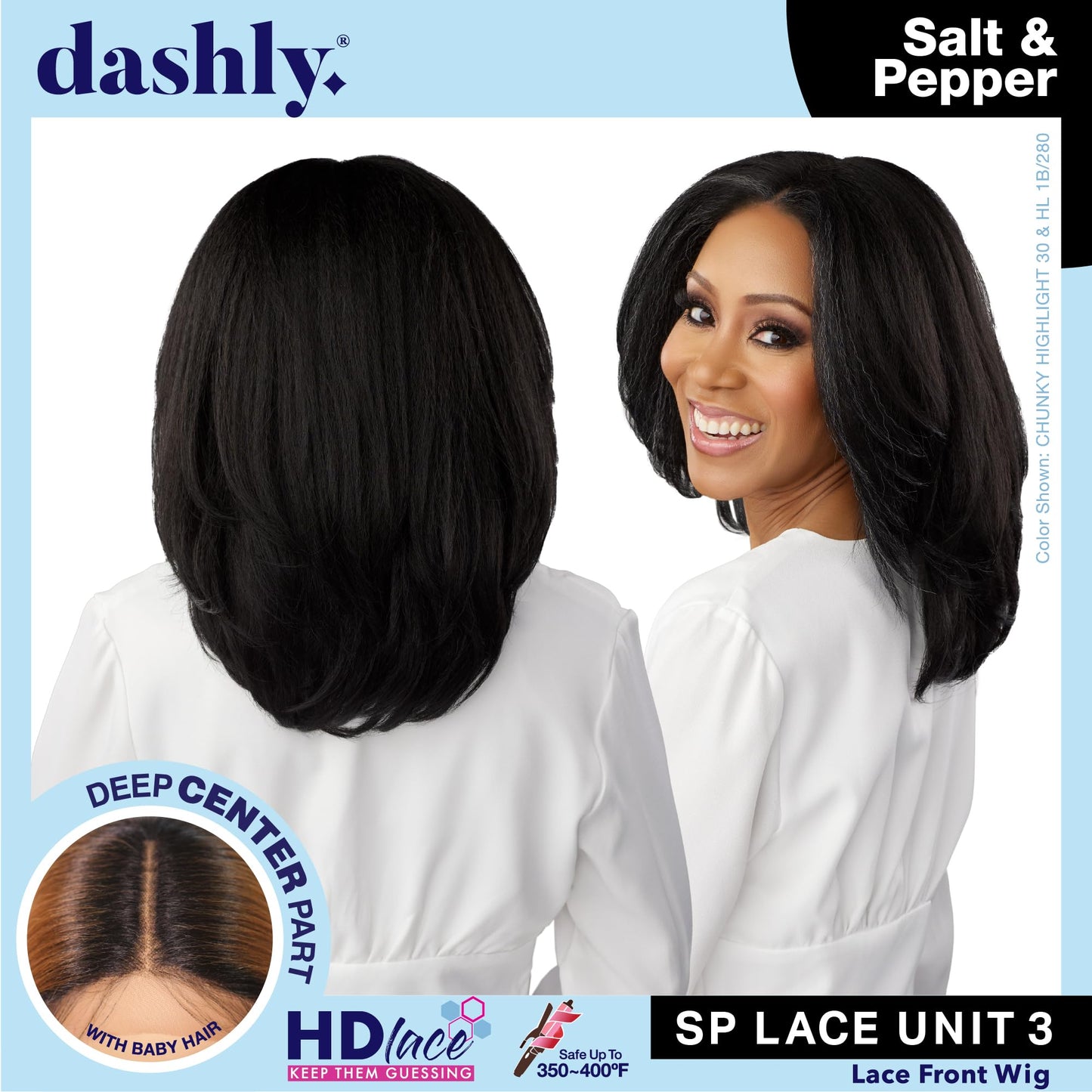 Sensationnel Dashly Lace Saltandpepper Wig - Sp Unit 3 Hand Tied Laceparting Ear to Ear Synthetic (1B OFFBLACK)