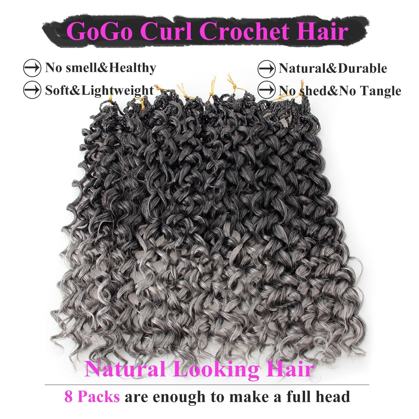 XSASLYET 24 Inch Pre Looped Crochet Hair for Black Women–Gogo Curl Curly Crochet Hair with Deep/Water/Ocean Wave Texture, Lightweight Synthetic Hair, Easy Install, Natural Look (8 Packs, 1B/Grey)