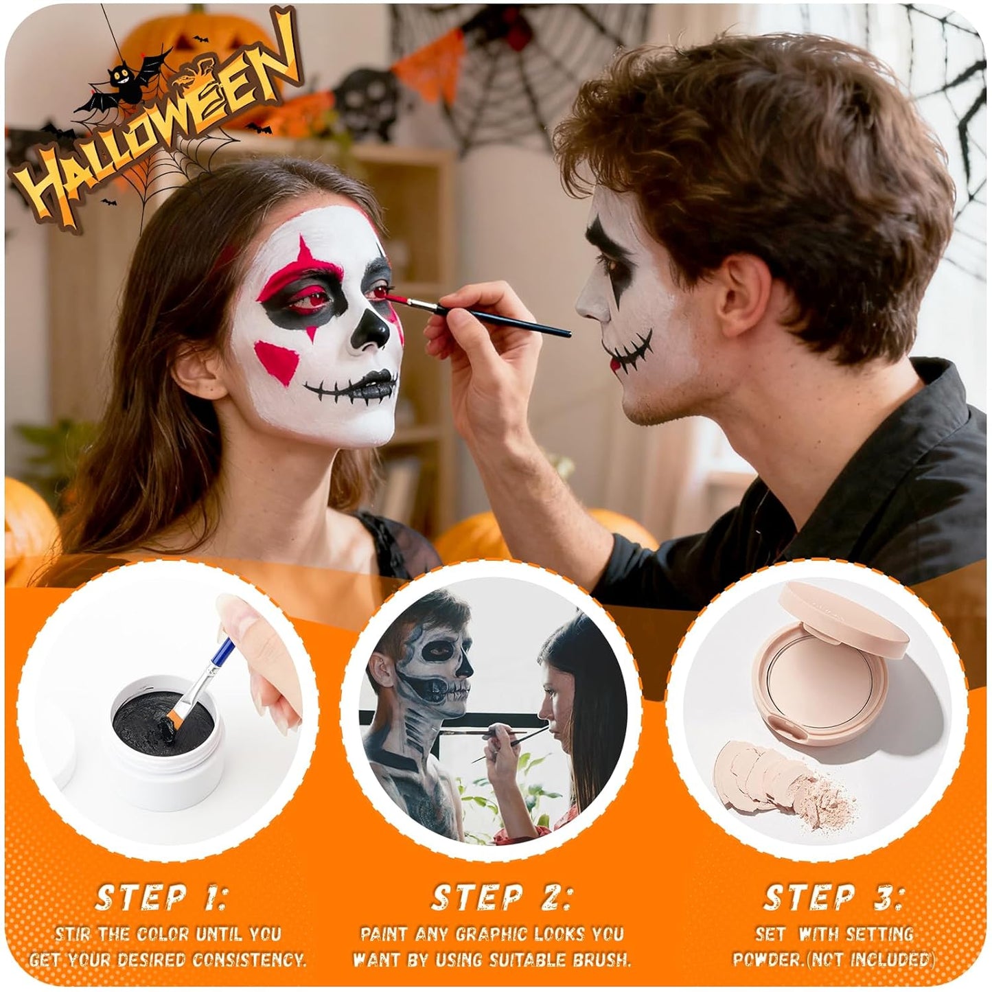 Black & White & Red Face Body Paint Set - Non-Toxic Professional Palette Kit with 3 Brushes for Art, Theater, Halloween, Cosplay | 5.28oz