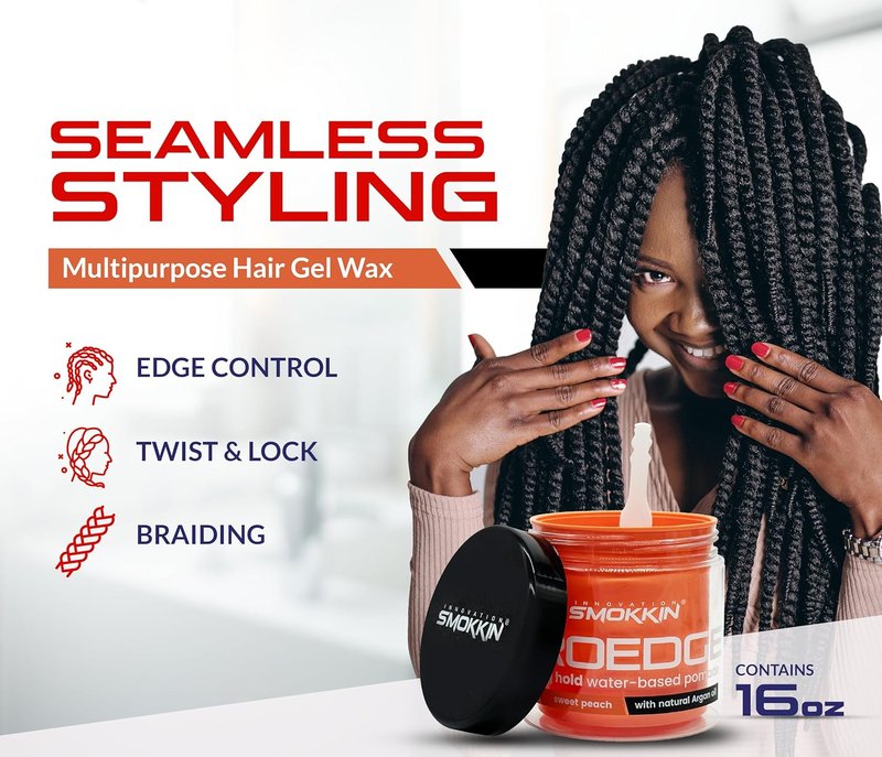 Smokkin Pro Edge Hair Styling Gel - Alcohol-Free Water-Based Pomade for Strong Hold | 16 Fl Oz - Sweet Peach