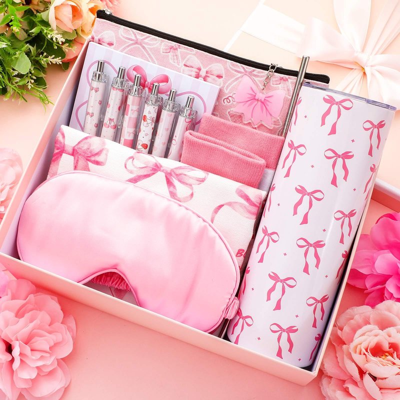 Sieral 14 Pcs Coquette Pink Bow Gift Set for Santa Women Include Pink Bow Tote Bag 20oz Stainless Steel Cup Socks Gel Ink Pens Sticky Keychain Eye Mask for Gifts