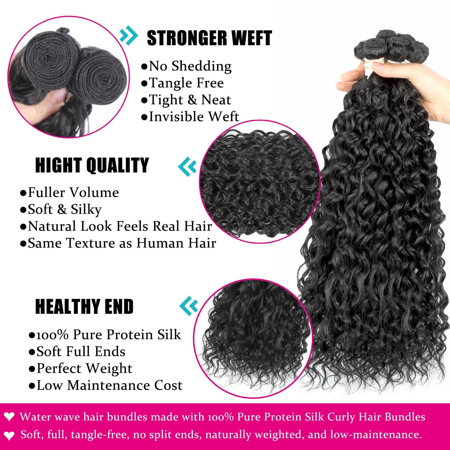 UENOKIPS Water Wave Hair Bundles 100% Pure Protein Silk Curly Bundles 14 16 18 Inch 6 Bundles 270g Synthetic Soft Natural Look Human Hair Feel Wet and Wavy Hair Extensions Natural Black