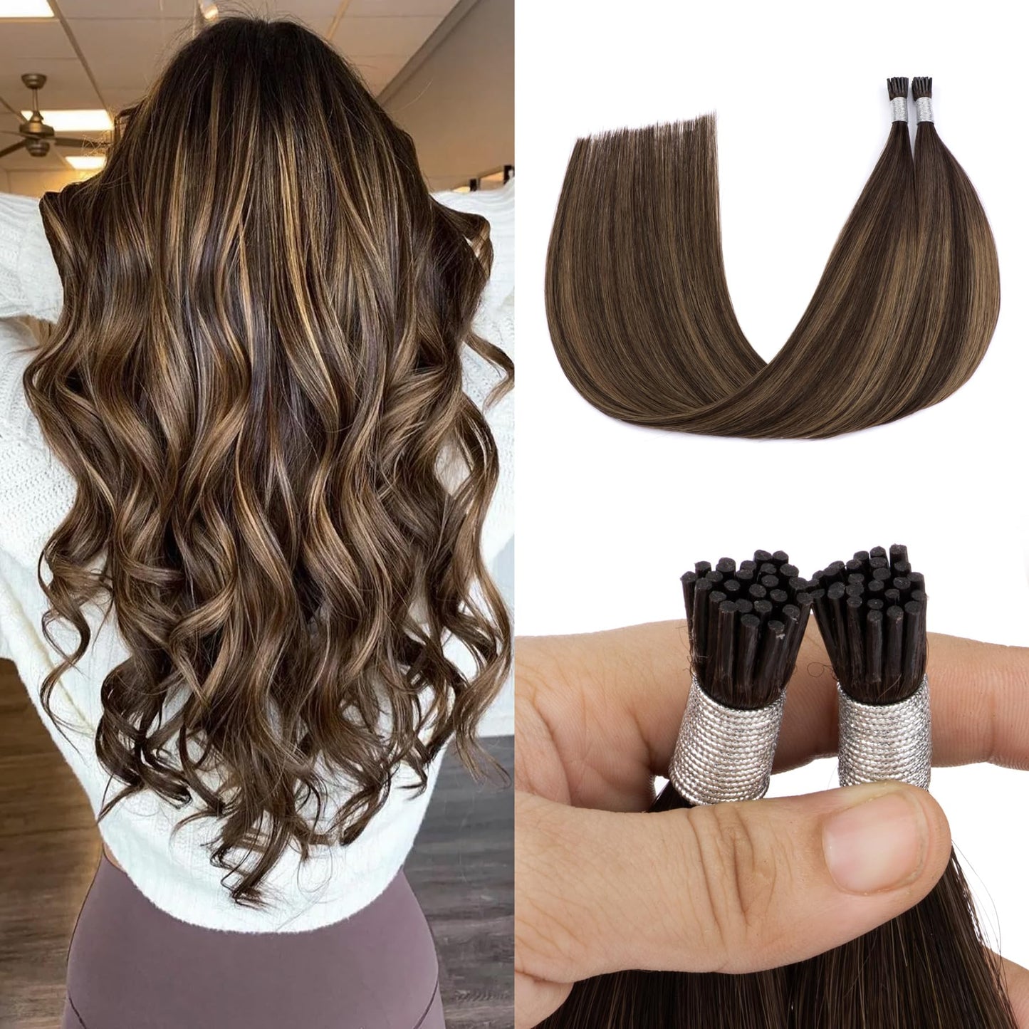 Senmy Itip Hair Extensions Real Human Hair Dark Brown Ombre to Ash Brown Highlight Fushion itips Hair Extensions 18inch Human Hair I Tip Extensions 50g Real Human Hair Extensions