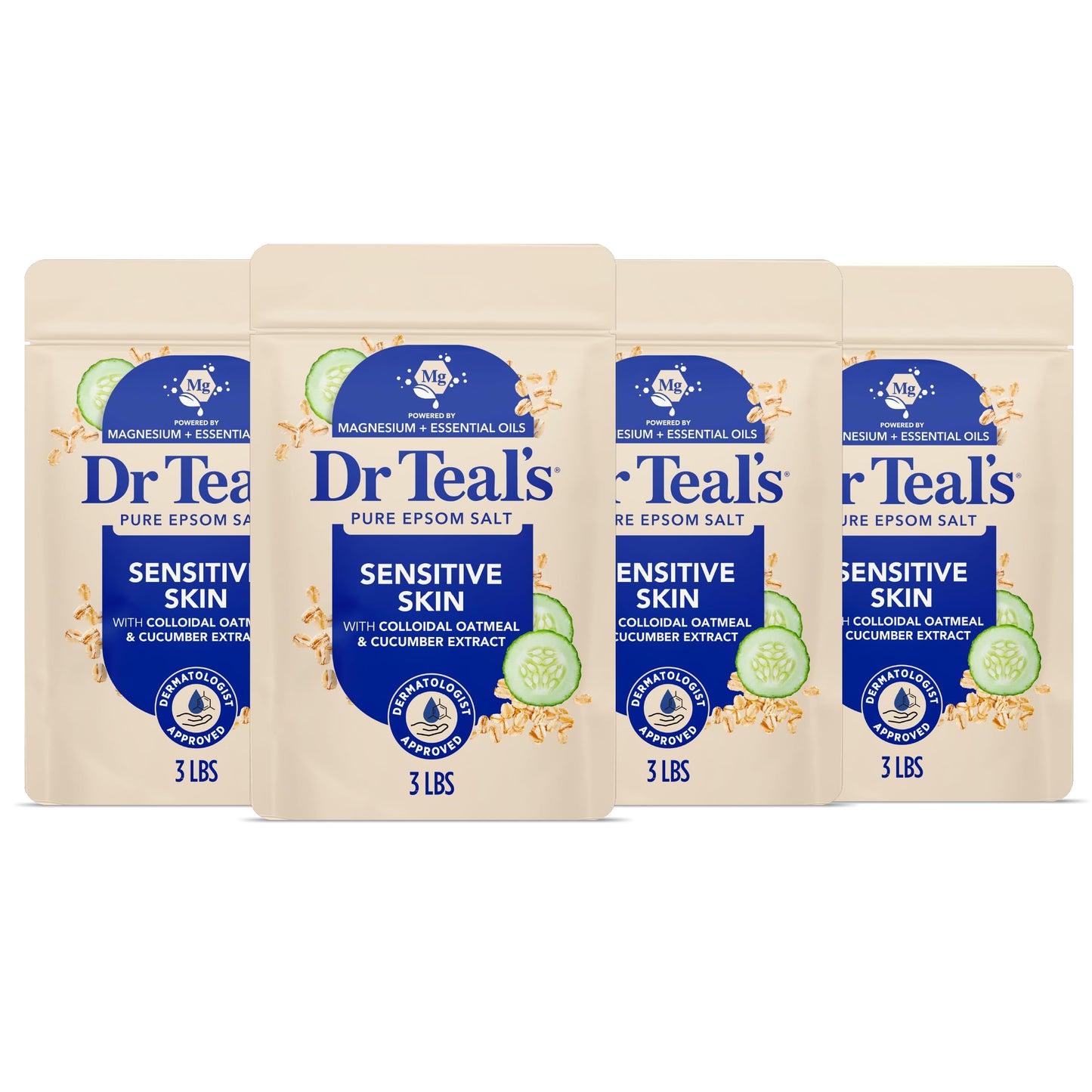 Dr Teal's Epsom Salt Magnesium Soak, Sensitive Skin with Colloidal Oatmeal & Cucumber, 3 lbs (Pack of 4)