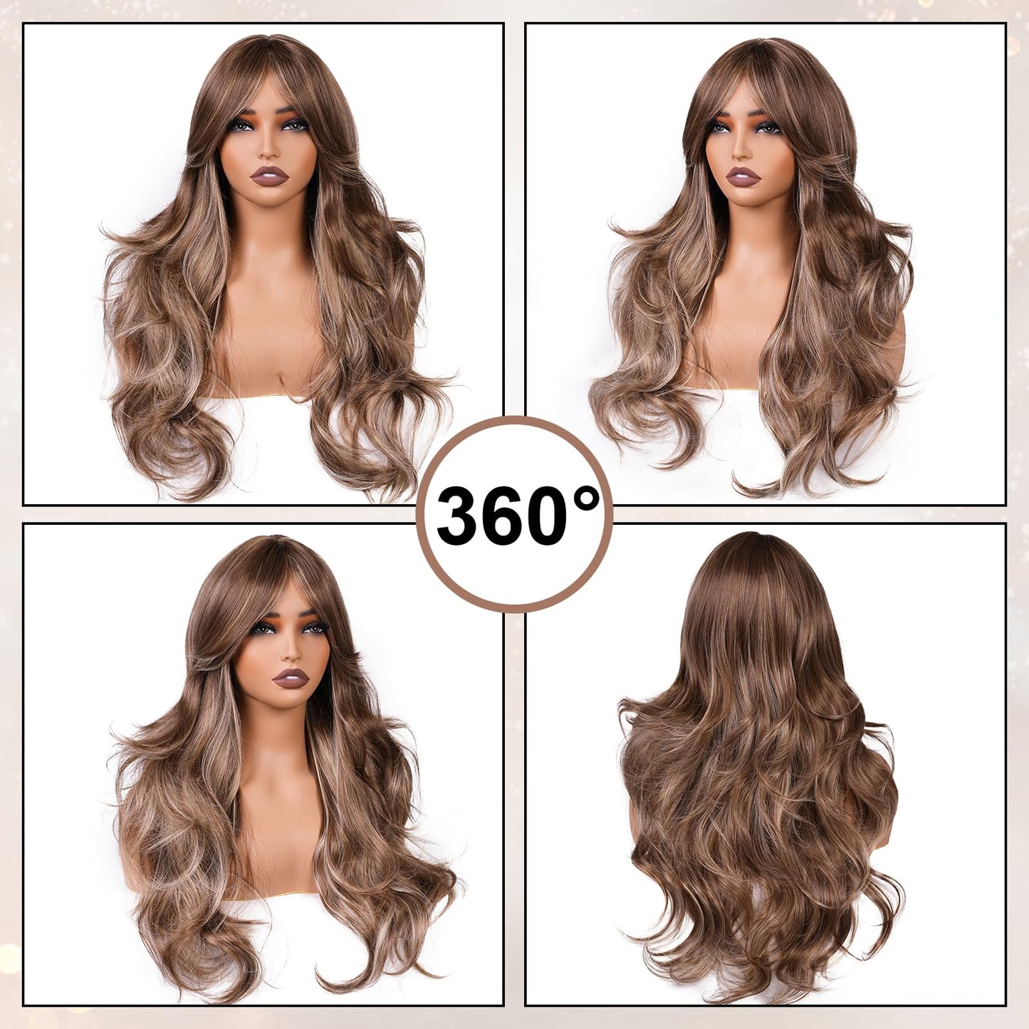 Light Brown With Curtain Bangs Wigs for Women 26inch Long Brown Mixed Blonde Layered Wig with Dark Roots Middle Parting Synthetic Hair Natural Looking for Daily Party Use(Highlight Brown)