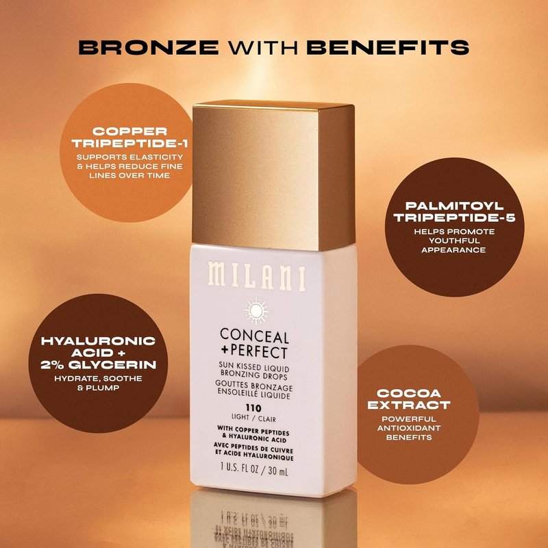 Milani Bronzer - Sun Kiss Bronzing Drops | Weightless Liquid Bronzer with Hydration & Peptides - Medium