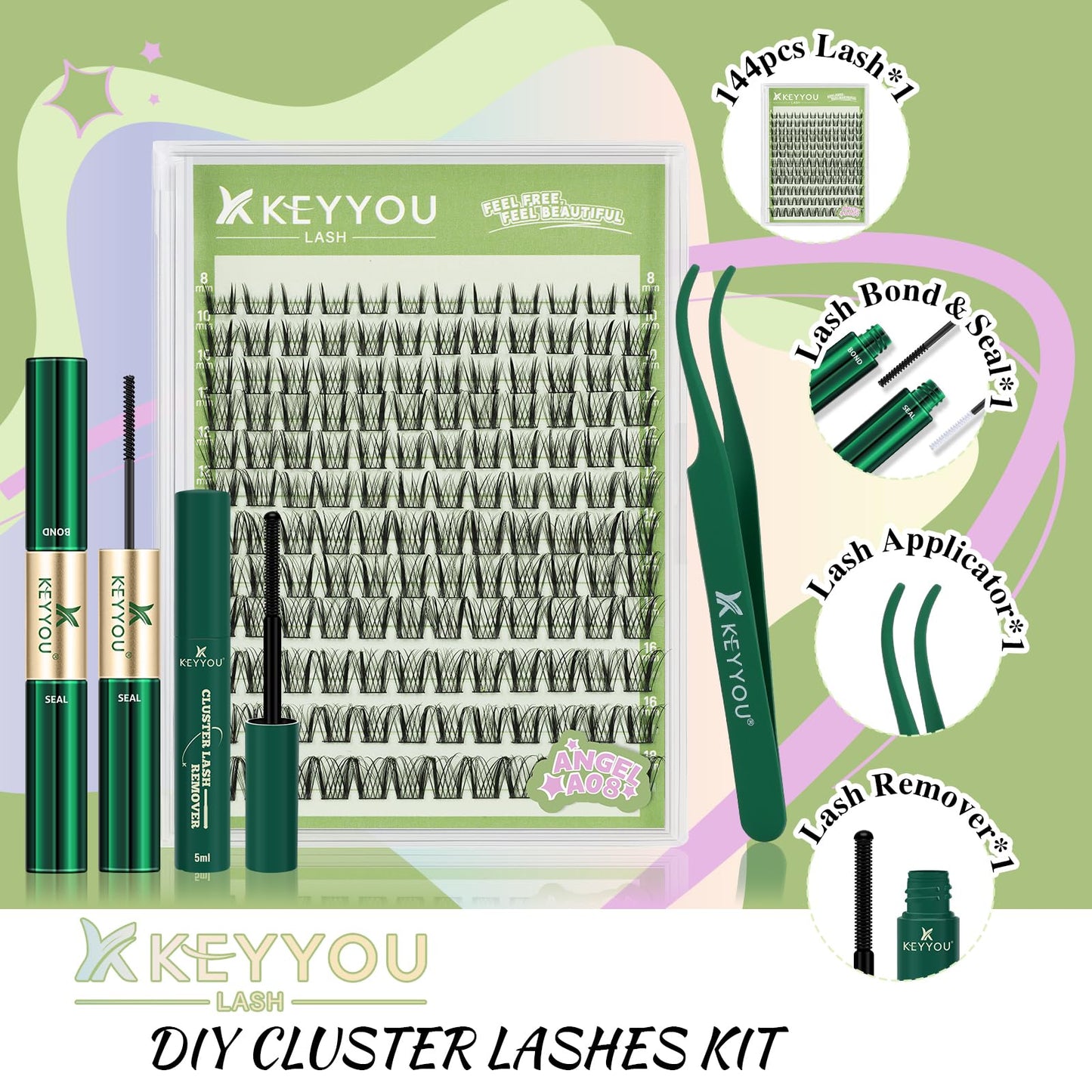 KEYYOU Angel Lash Clusters Kit, 8-18mm Mix D Curl Wispy Natural Eyelash Clusters with Bond, Seal and Tweezers for DIY Eyelash Extension at Home(Lash Kit-Angel A08)