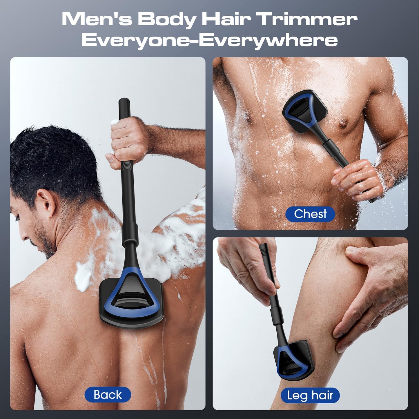 ZOMU Back Shavers for Men:Back Hair Shaver and Body Shavers for Men with Safety Blade Technology & Ergonomic DIY Long Handle, Wet or Dry Shaving-Blue(Replaceable 8PCS 3.5inch Blades Included)