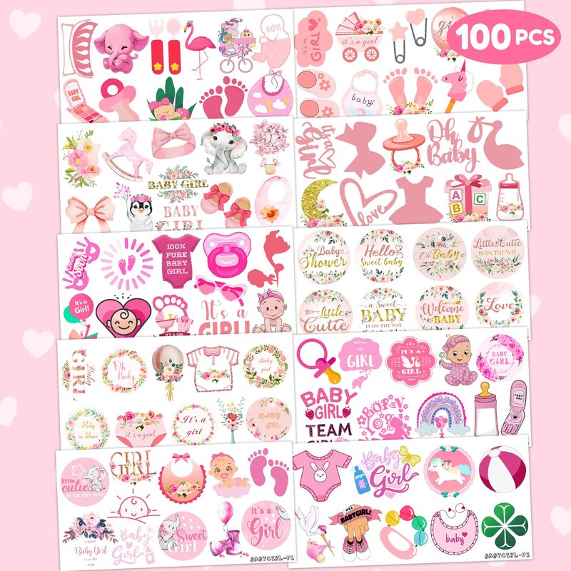 100 PCS Baby Girl Temporary Tattoos - Pink Rose Gold Floral Stickers for Baby Shower Decorations, Birthday Party Favors & Supplies