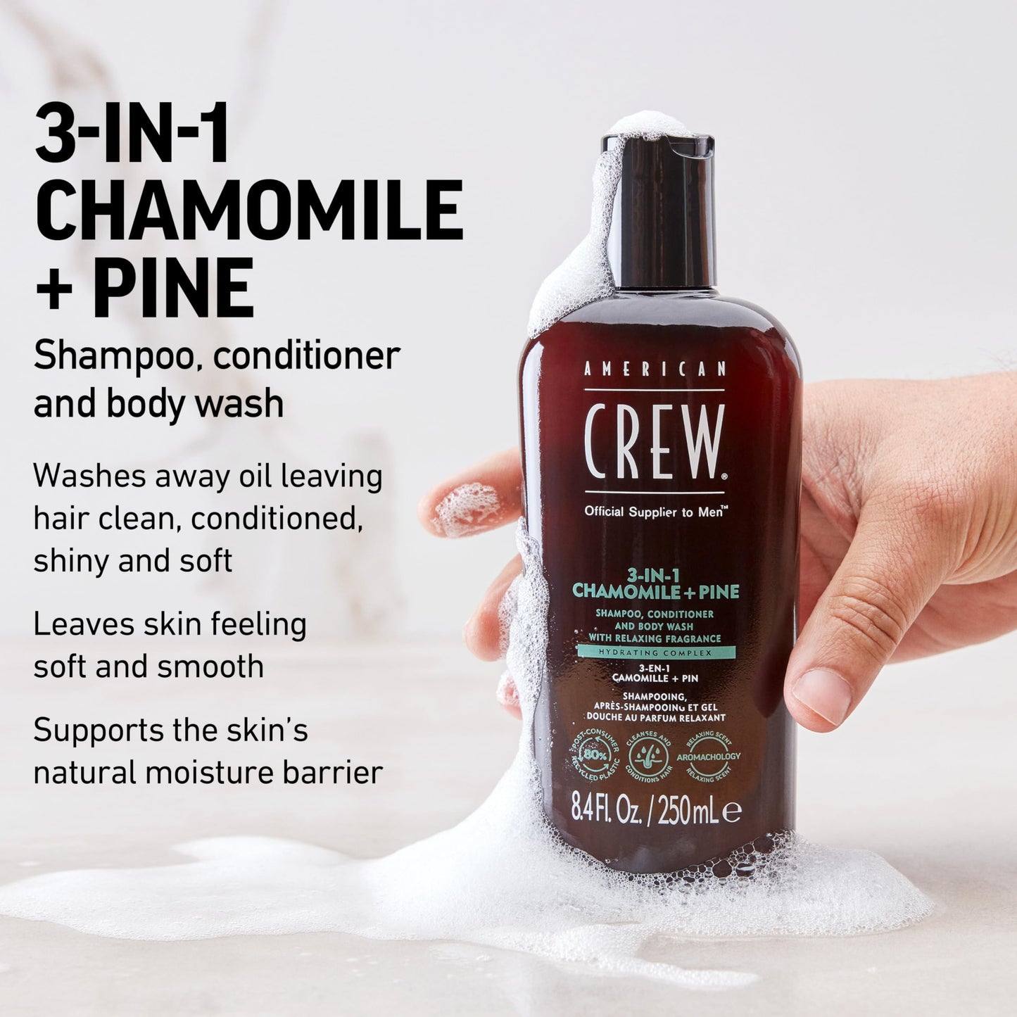 AMERICAN CREW 3-in-1 Chamomile & Pine, Shampoo, Conditioner & Body Wash for Men, All-in-One Care with Calming and Relaxing Fragrance, 33.8 fl oz