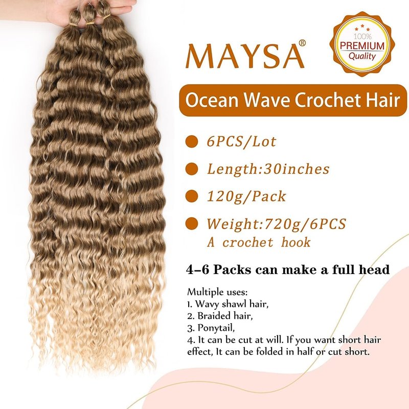 MAYSA Ocean Wave Crochet Hair Extensions 30in Ombre Crochet Hair 6Packs Soft Synthetic Braiding Curly Crochet Hair for Women #T8/24 Brown mix Blonde