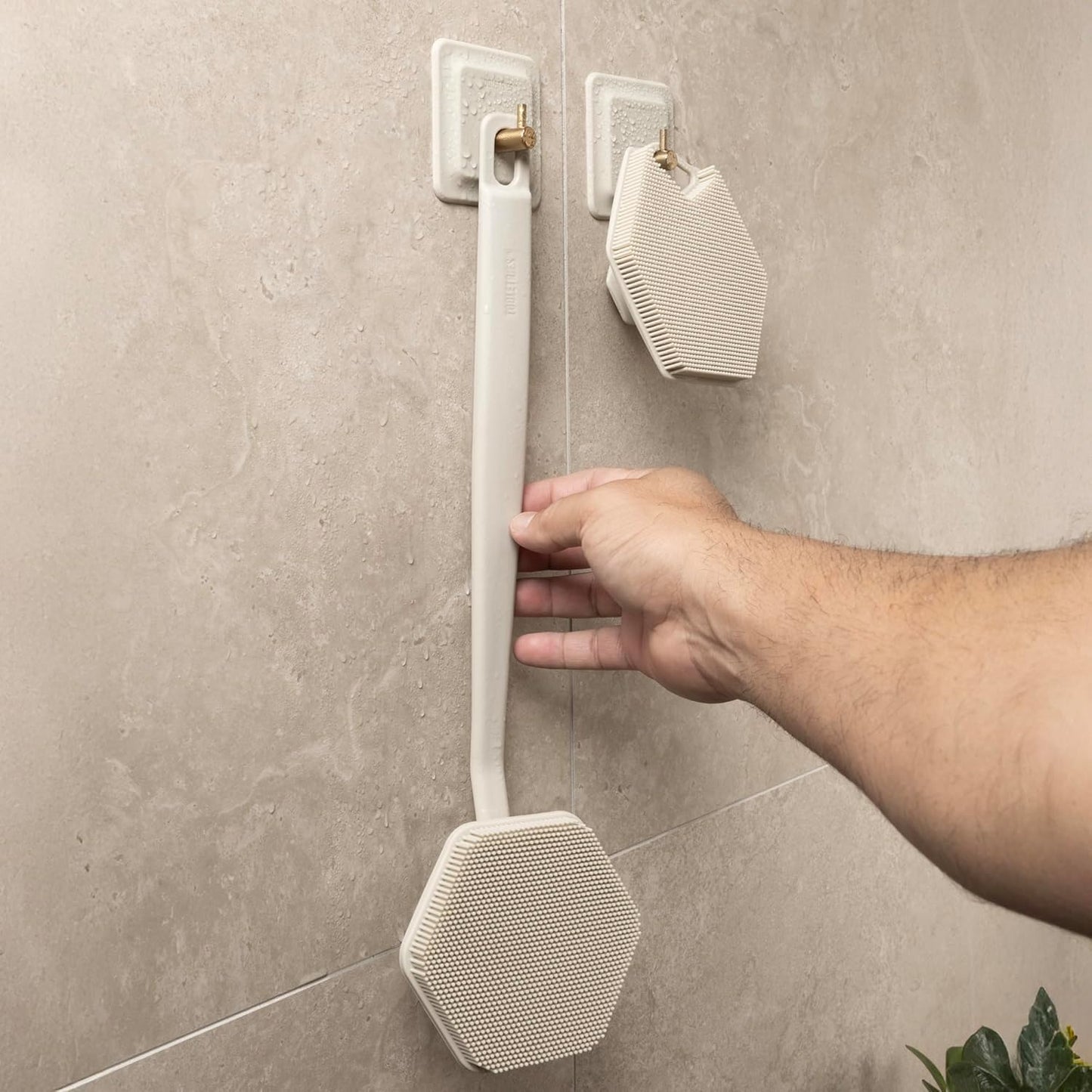 Arnold Silicone Shower Hooks - Waterproof Adhesive Bathroom Organizer for Razors & Loofahs | 2 Pack - Sand