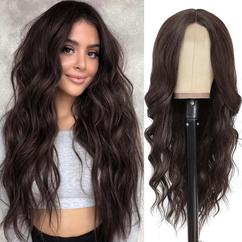 Long Wavy Wig for Women - Dark Brown Synthetic Heat Resistant Fiber | 26 Inch Daily Party Wear