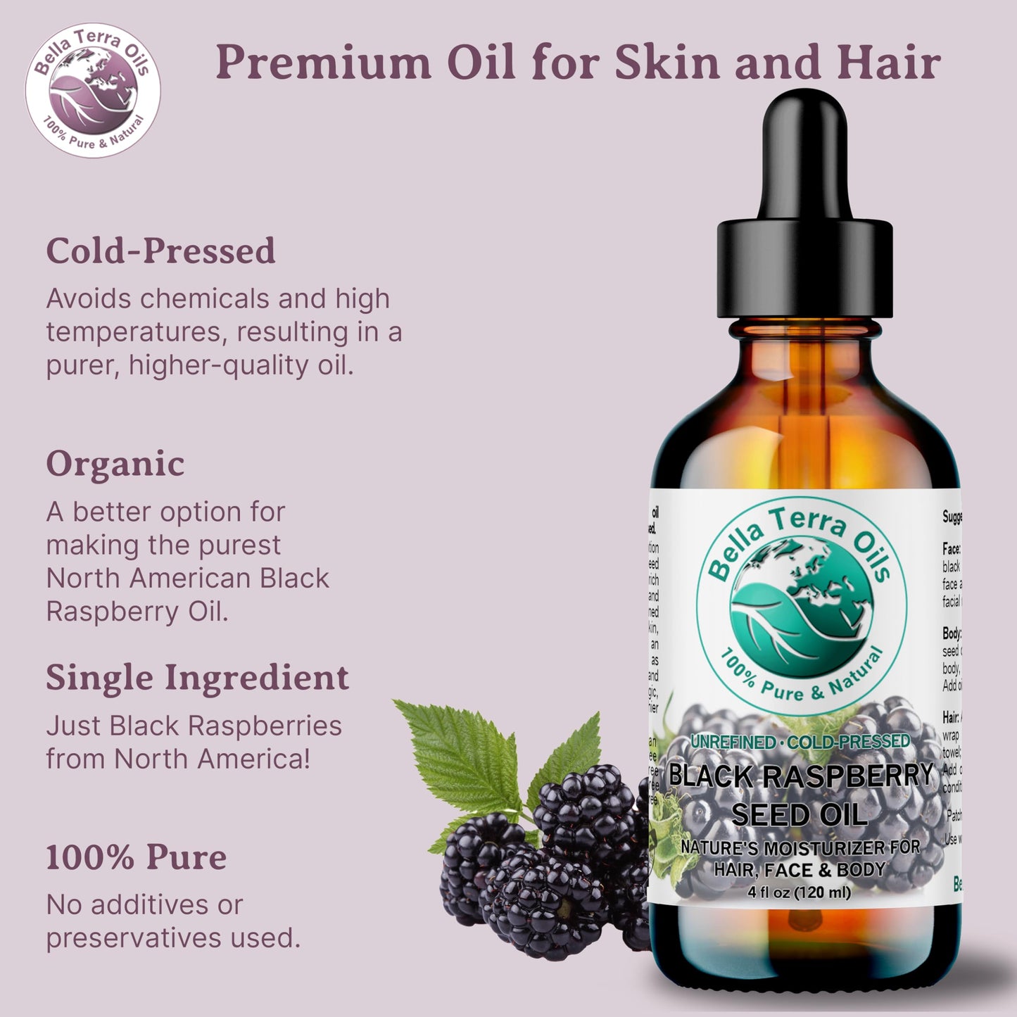 Bella Terra Oils - Black Raspberry Seed Oil 8 oz - Natural Elixir Enhanced with Ellagic Acid & Vitamin A, Cold-Pressed Cosmetic Secret for Radiant Skin