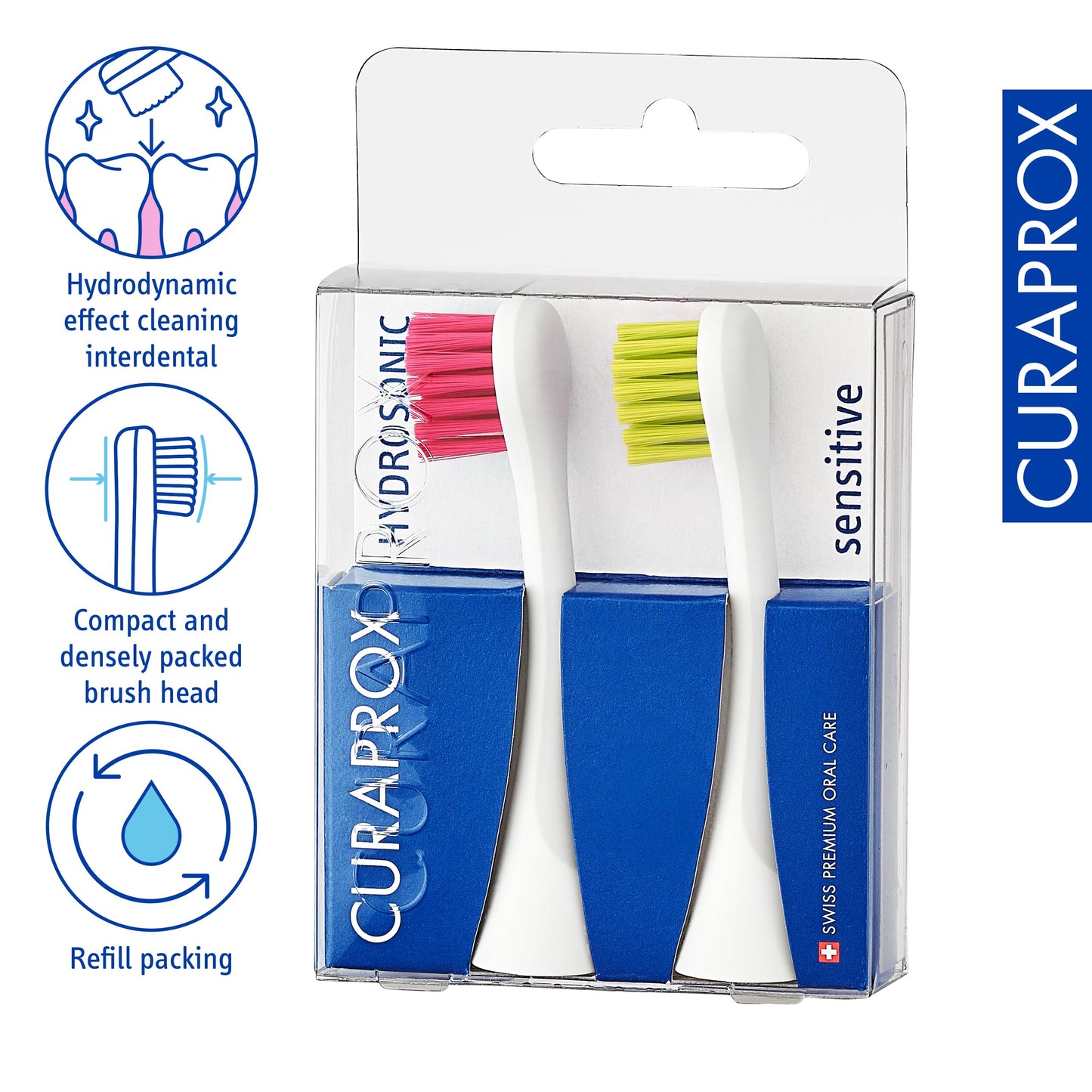 Curaprox Hydrosonic Brush Heads Rainbow Sensitive Duo – for Gentle Gum Care & Precise Cleaning | Magenta/Green, 2-Pack | Compatible with All Curaprox Sonic Models | Swiss Made