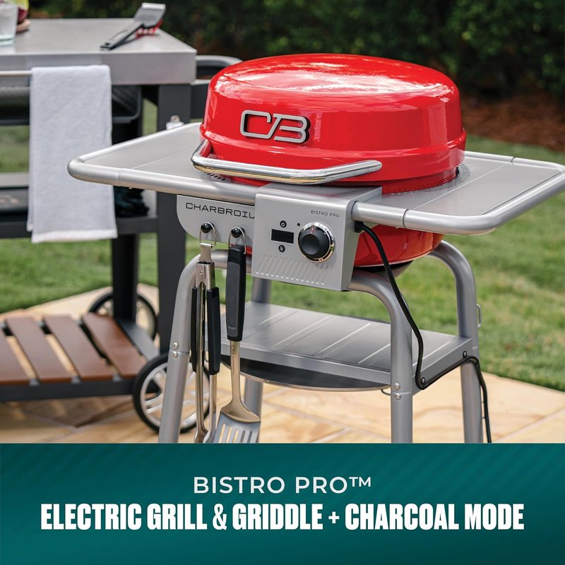 Charbroil 3-in-1 Dual Fuel Outdoor Electric Grill & Griddle | Charcoal BBQ Mode, Red