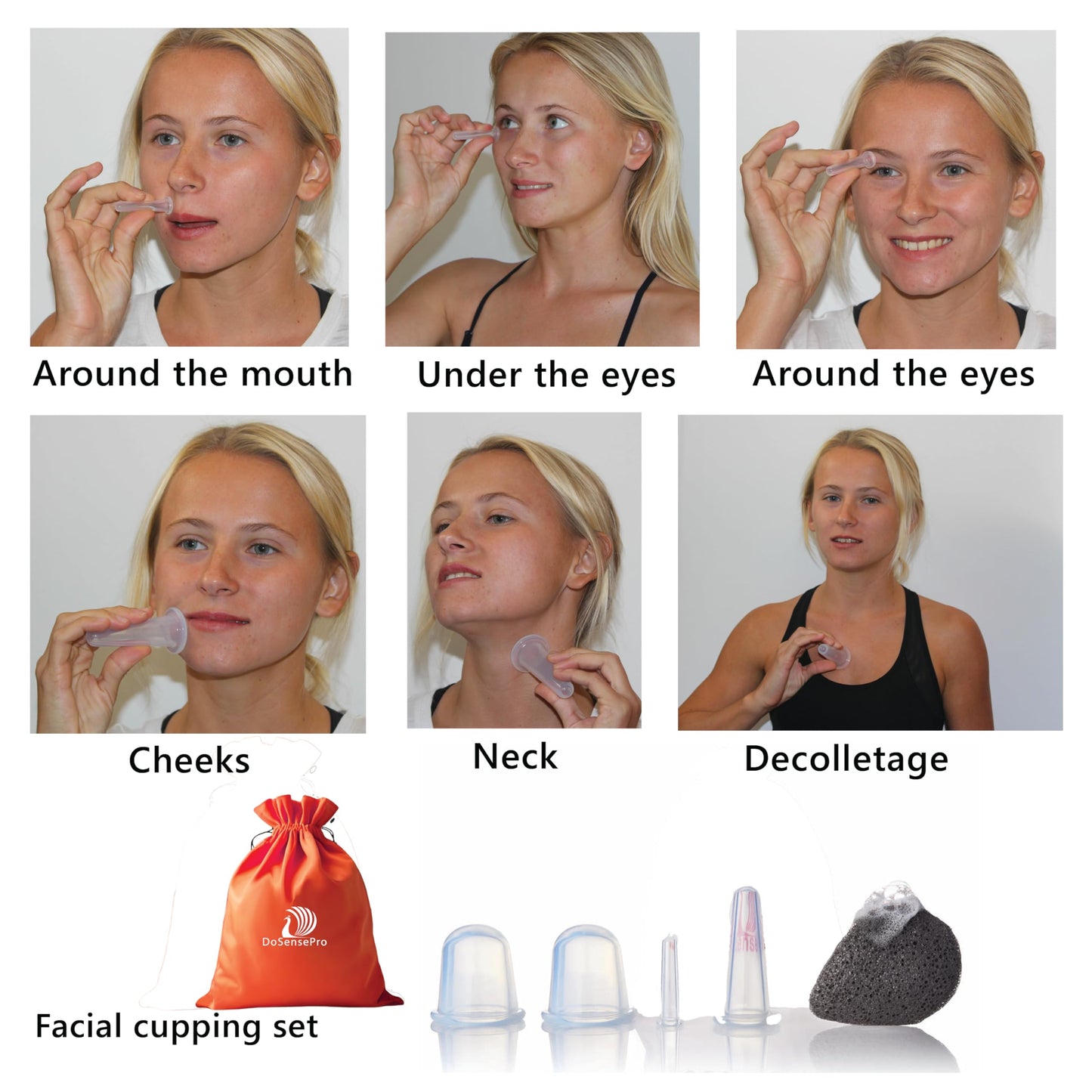 DoSensePro Silicone Facial Cupping Set - 4 Cups for Face, Neck & Jaw, TMJ Tension, Lymphatic Drainage, Anti-Puffiness & Cellulite, Medical-Grade Kit with Konjac Sponge, Storage Bag & Guide