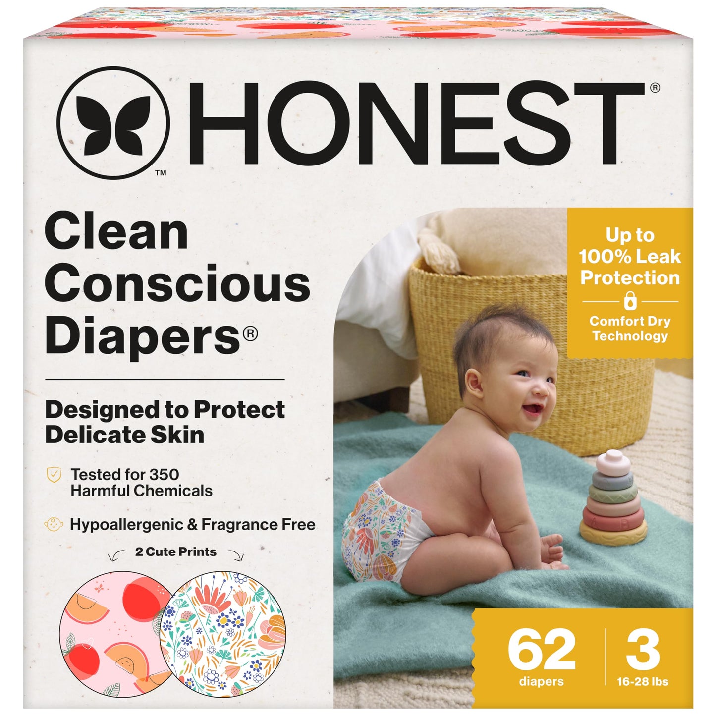 The Honest Company Comfort Dry Disposable Daytime Diapers for Sensitive Skin, Hypoallergenic, Fragrance-Free, Just Peachy + Flower Power, Club Box, Size 3 (16-28 lbs), 62 Count