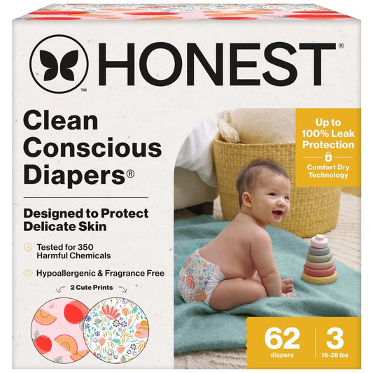 The Honest Company Comfort Dry Disposable Daytime Diapers for Sensitive Skin, Hypoallergenic, Fragrance-Free, Just Peachy + Flower Power, Club Box, Size 3 (16-28 lbs), 62 Count