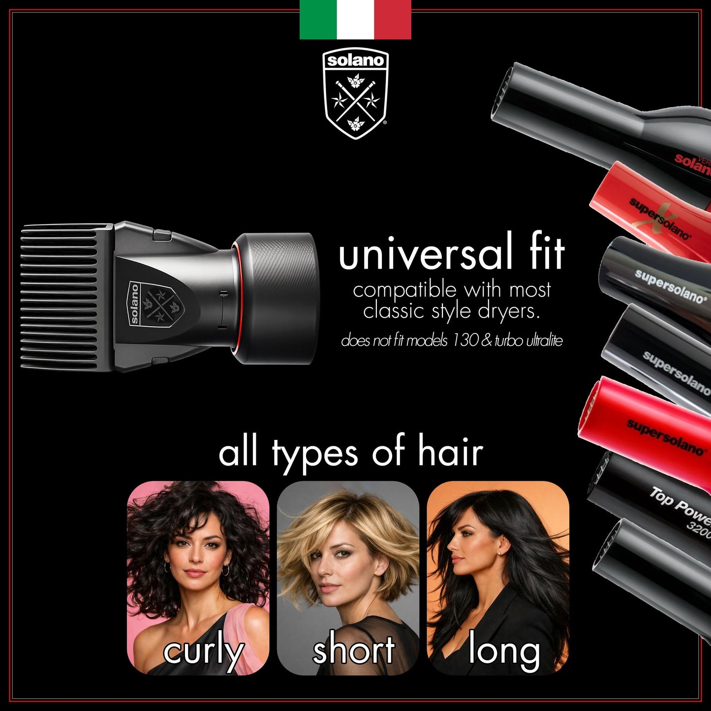 Solano 2 in 1 Dryer Attachment Universal Professional Comb & Concentrator - Italian Made - Straighten Hair - Comb Gentle on Scalp