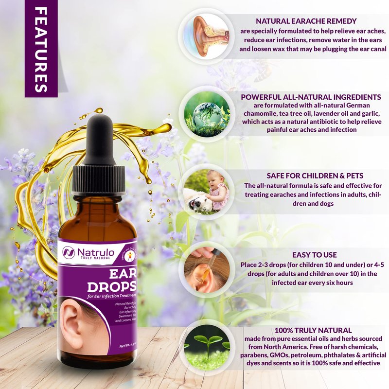 Natural Ear Drops for Ear Infection – Homeopathic Eardrops for Adults, Kids, Baby, & Pets – Relieves Ear Aches, Swimmer's Ear, & Loosens Wax – Kids Safe Ear Health Made in USA