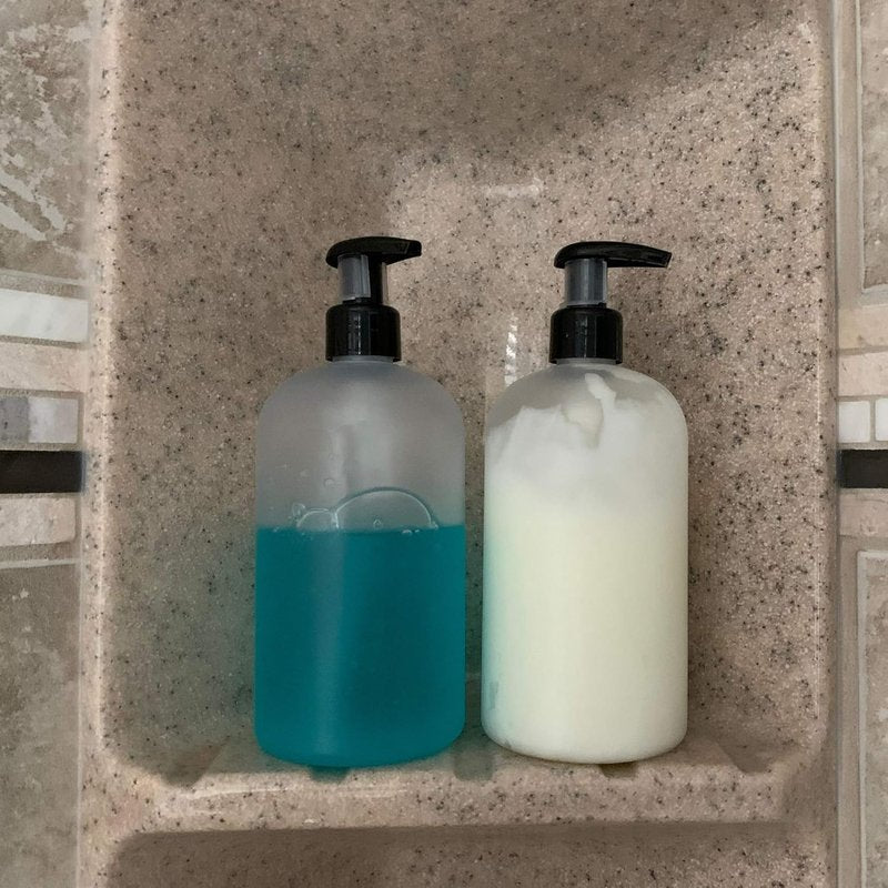 Refillable 16 oz PET Plastic Bottles - Set of 4 with Lotion Pumps for Shampoo, Body Wash & More | Drip-Free, Rust-Free (Frosted Clear)