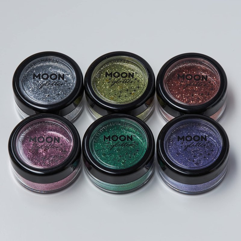 Fine Glitter Shakers by Moon Glitter – 100% Cosmetic Glitter for Face, Body, Nails, Hair and Lips - 0.17oz - Set of 6 colours