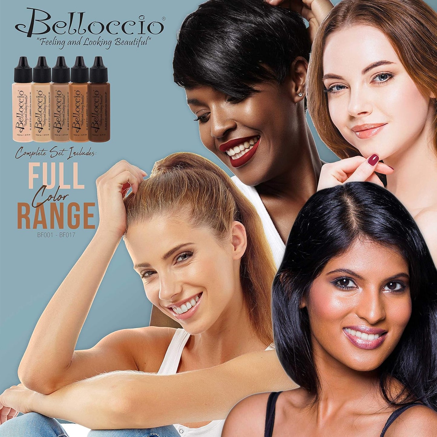 Belloccio Airbrush Foundation Set - All 17 Shades with Moisturizing Primer | 1/2 oz. Bottles