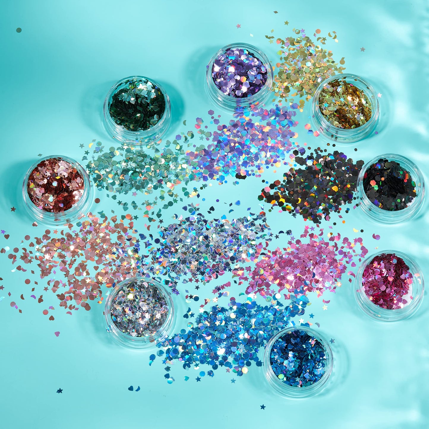 Holographic Glitter Shapes by Moon Glitter – 100% Cosmetic Glitter for Face, Body, Nails, Hair and Lips - 0.10oz - Set of 8 colours