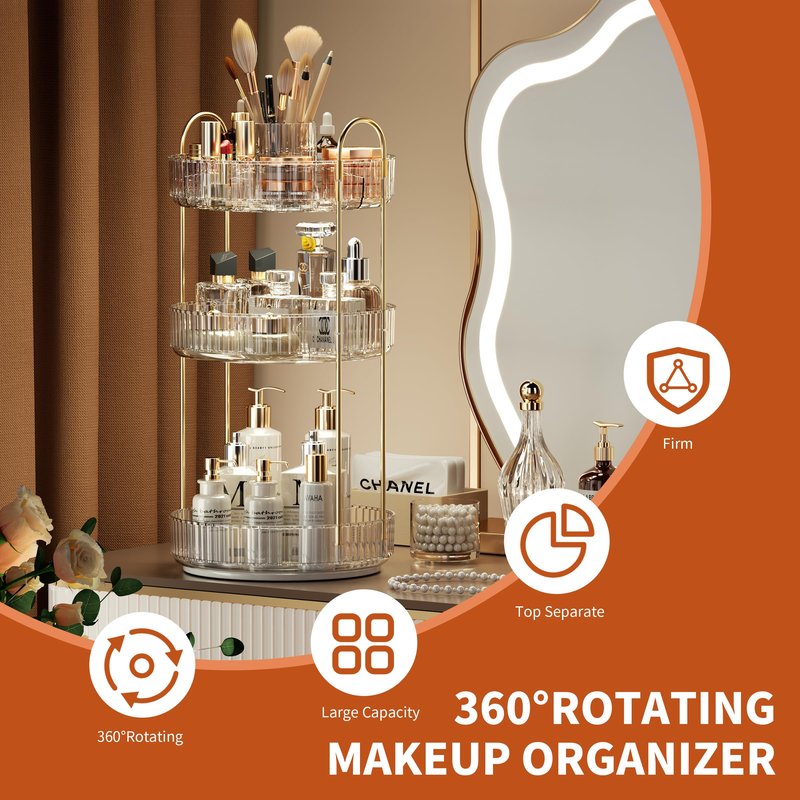 YCIA&DONE Rotating Makeup Organizer for Vanity, Large Capacity Make Up Storage Skin care Shelf Perfume Holders Cosmetic Dresser Organizer Countertop Spinning 360 (White Clear, 3Tiers)