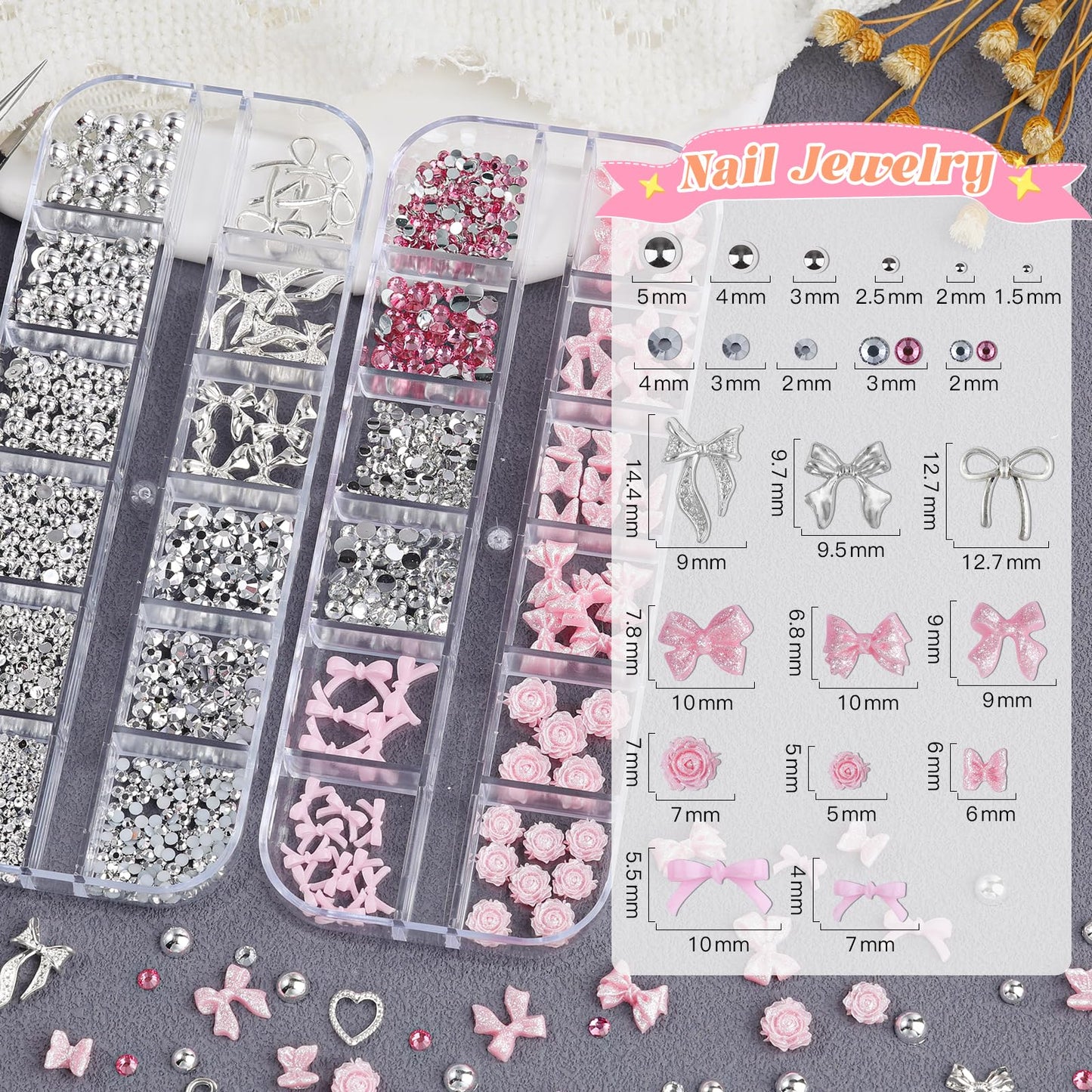 5Boxes Silver Nail Charms and Gems Kit, 3D Metal Flower Heart Bow Cross Star Nail Studs Charms for Nails Design, Pink White Flatback Rhinestones and Pearls Mini Caviar Beads with Tweezers for Nail Art