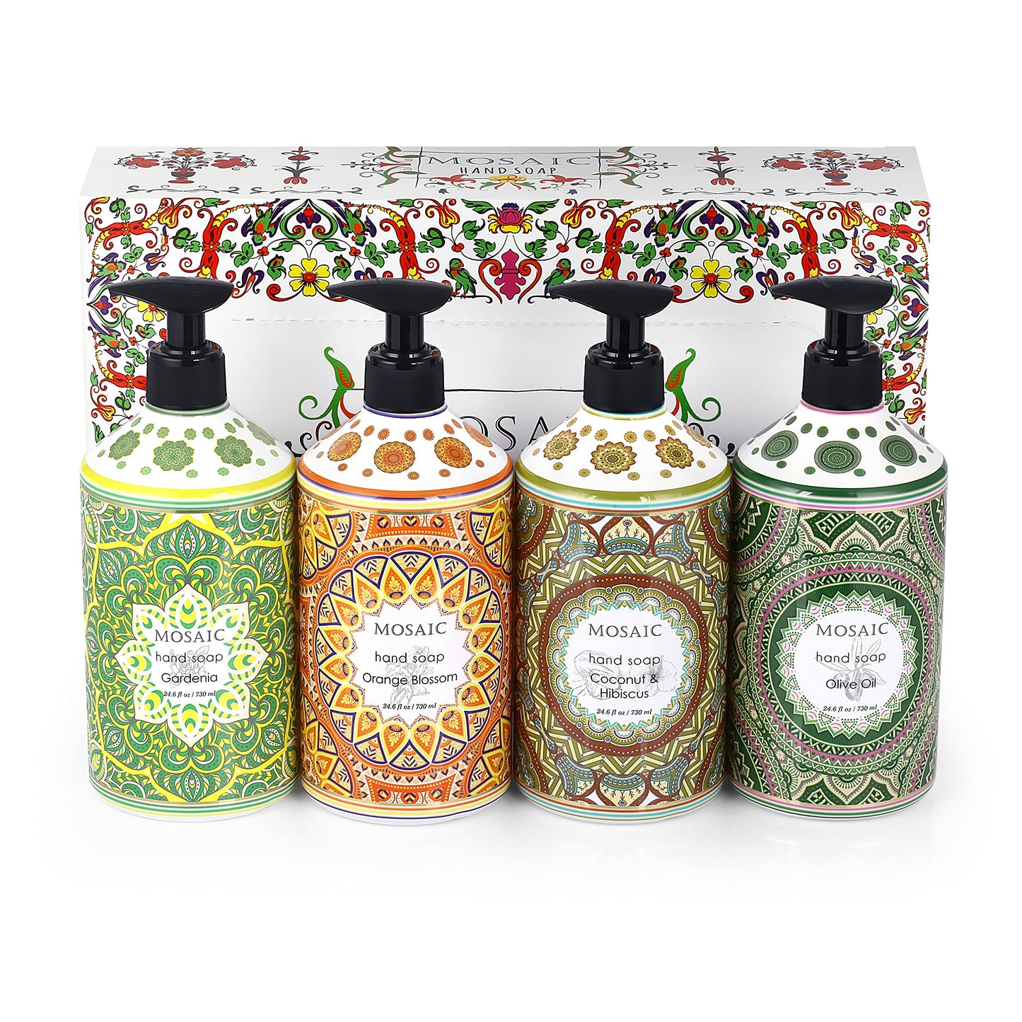 Mosaic Liquid Hand Soap / Hand Wash Gift Set, Ideal for Bathroom and Kitchen Hand Soap Set , Olive Oil + Coconut & Hibiscus + Gardenia + Orange Blossom, 4 x 24.6 fl oz Each Liquid Soap Bottle