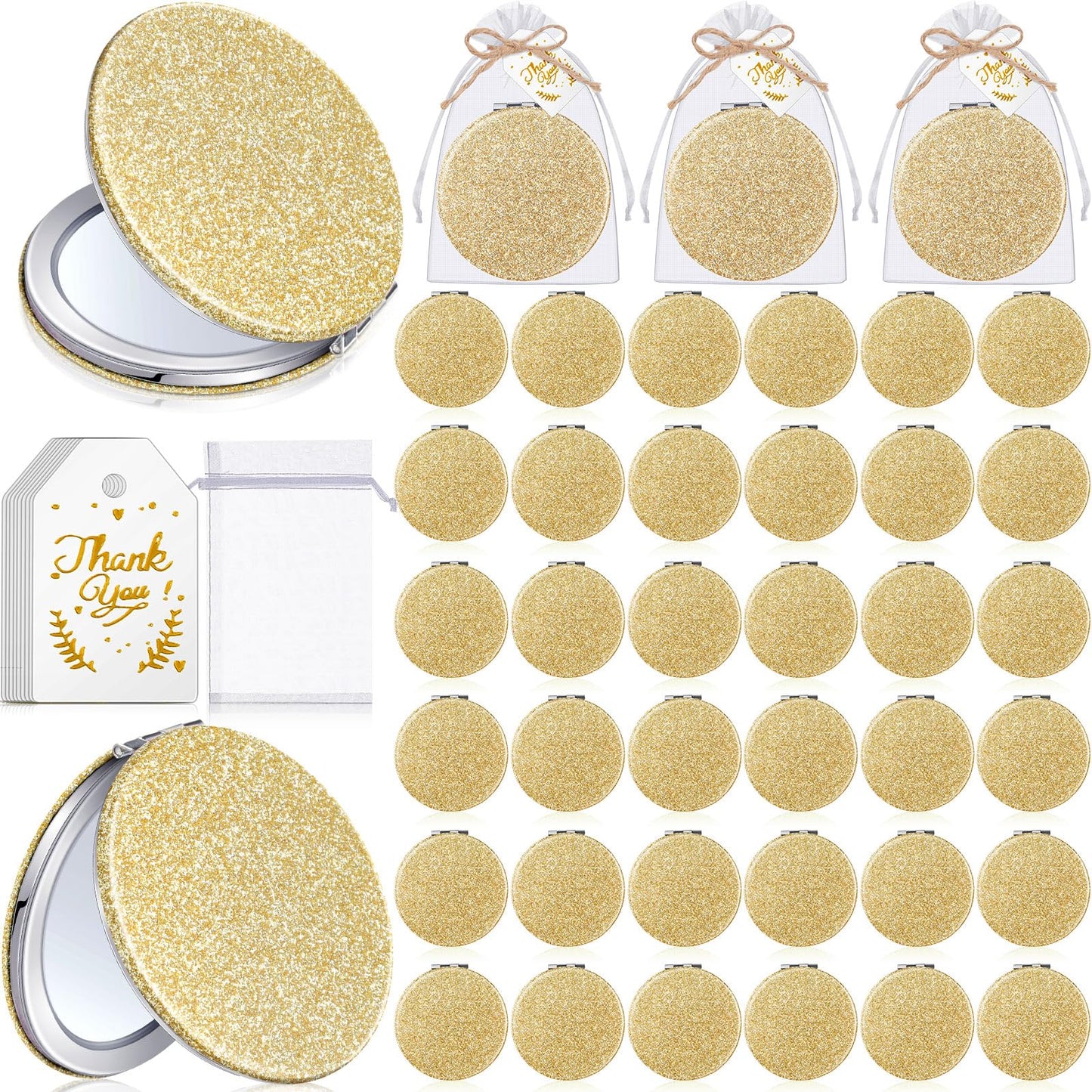 Chunful 30 Sets Compact Magnifying Mirrors Gifts with Thank You Card and Rope Quinceanera Party Favors for Guests Bridal Shower Wedding Souvenir Bridesmaids Mother's Day(30 Pcs,Champagne)