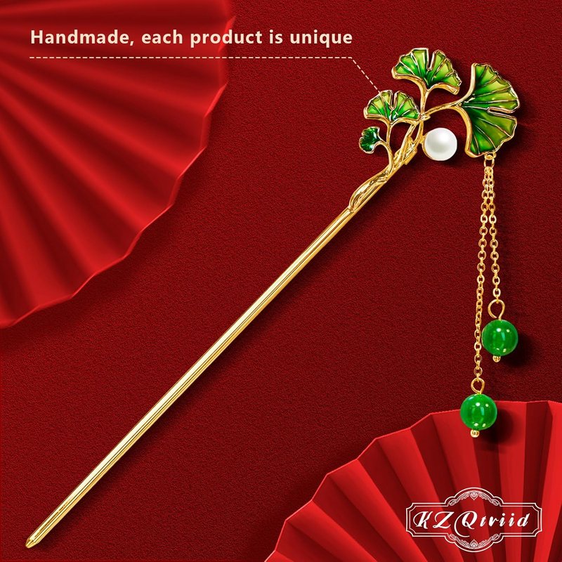 Vintage Ginkgo Leaf Hair Stick - 14k Gold Plated Copper with Enamel & Jade Beads | 6.69-Inch Hair Clip for Women