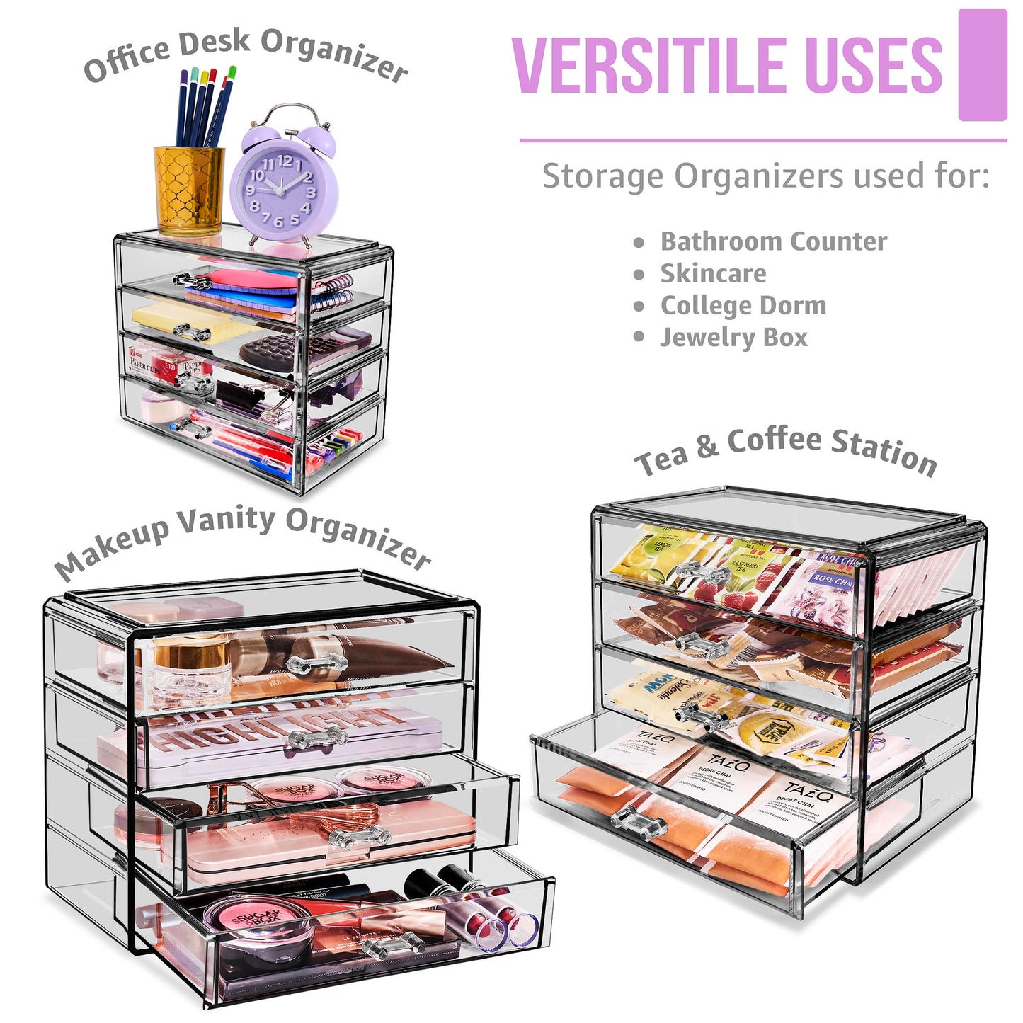 Sorbus Makeup Organizer - 4 Drawer Acrylic Make Up Organizers and Storage for Cosmetics, Jewelry, Beauty Supplies, Clear Makeup Organizer for Vanity, Girl's Room, College Dorm, Counter, Bathroom Sinks