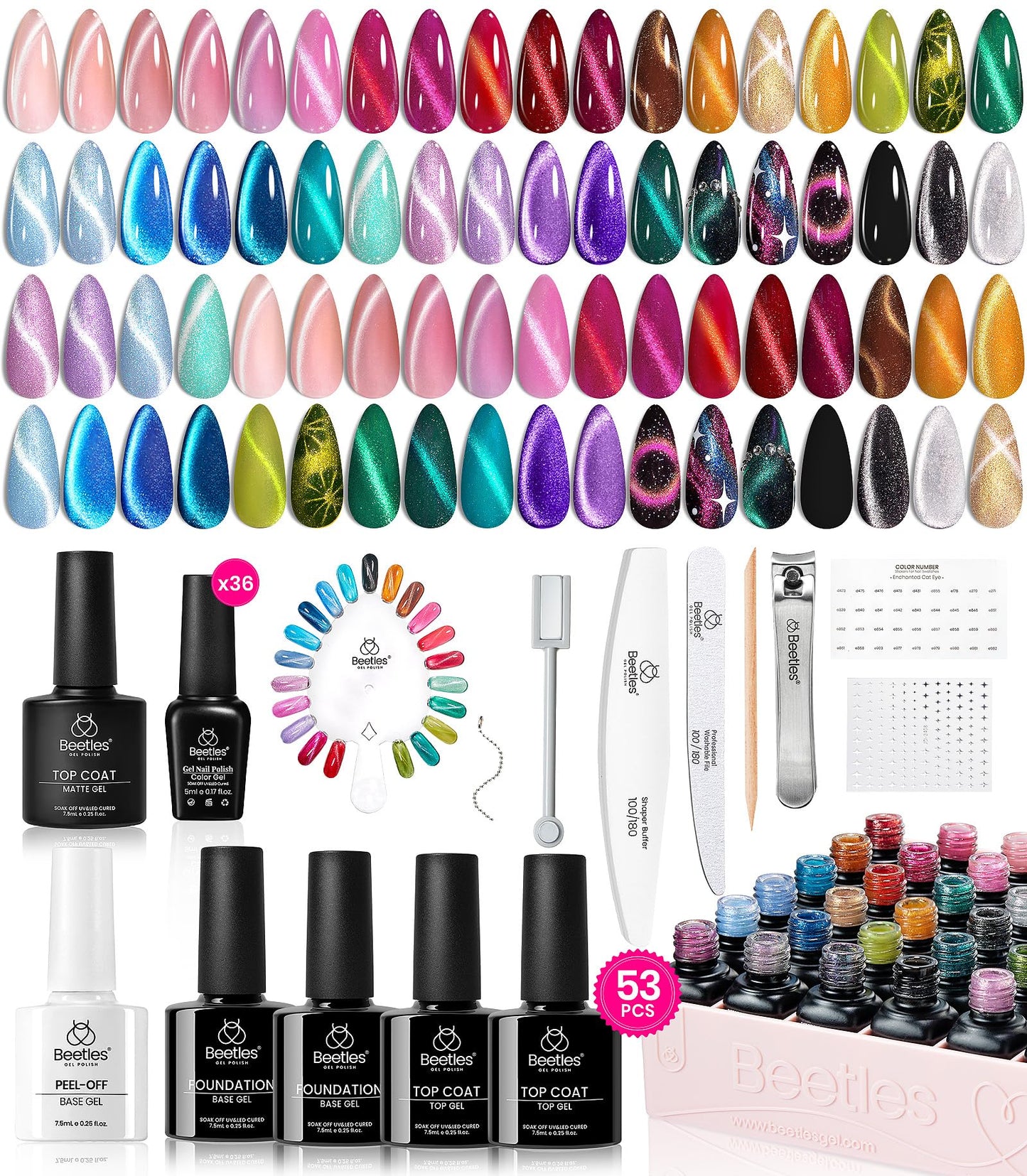 Beetles Cat Eye Gel Nail Polish Set - 36 Colors Red Purple Brown Green Burgundy Magnetic Gel Polish Kit Base Glossy Matte Top Coat Soak Off UV DIY Salon Nail Art Gift for Women