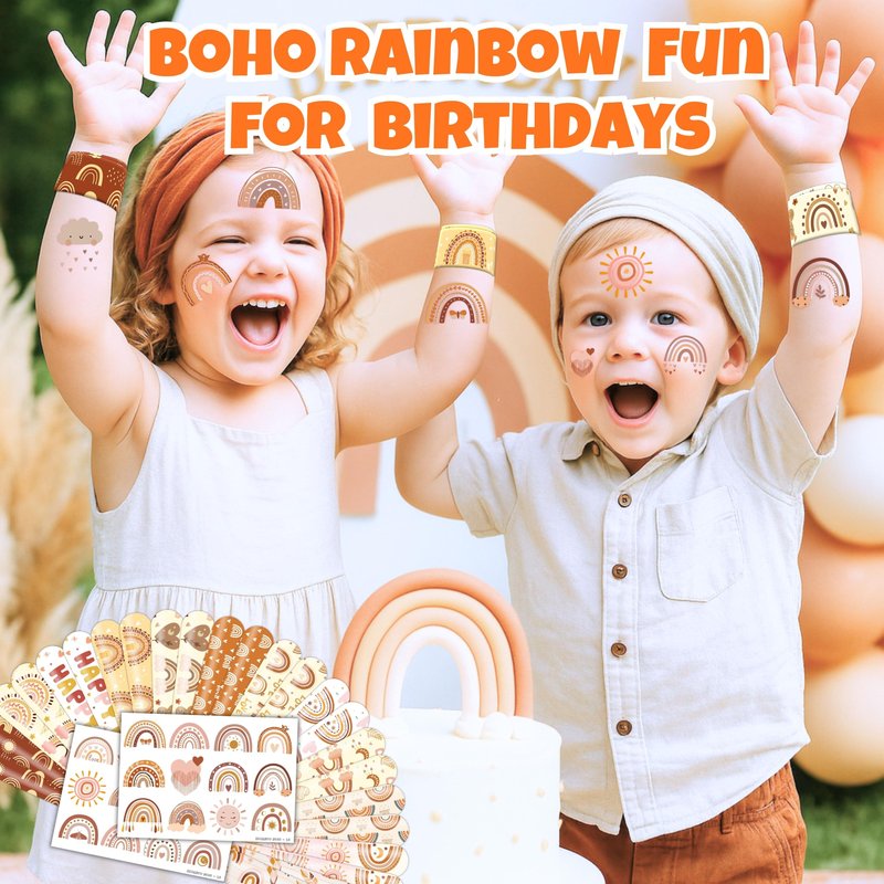 48PCS Boho Rainbow Party Set - 24PCS Temporary Tattoos & 24PCS Slap Bracelets - Fun Birthday Supplies, Baby Shower Gifts, Classroom Rewards & Boho-Themed Decor for Kids (Boys & Girls)