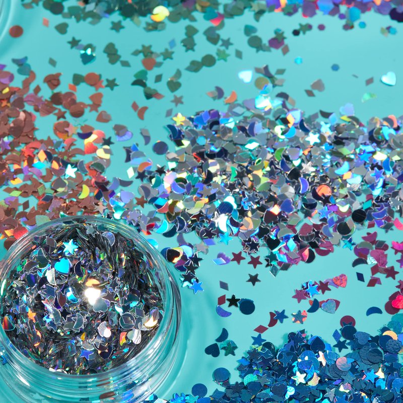 Moon Glitter Holographic Glitter Shapes 100% Cosmetic Glitter for Face, Body, Nails, Hair and Lips - 0.10oz - Silver